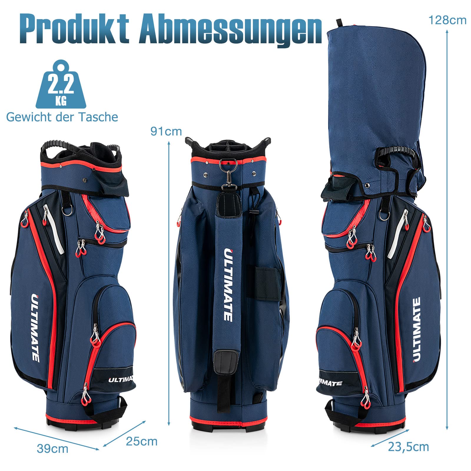 GYMAX Golftasche für bis zu 14 golfschläger, Wasserabweisende Golf-Standtasche mit Regenfülle & Starke Basis, Golfreisetasche mit Griff & Rückengurt, für die Driving Range und Executive Kurse
