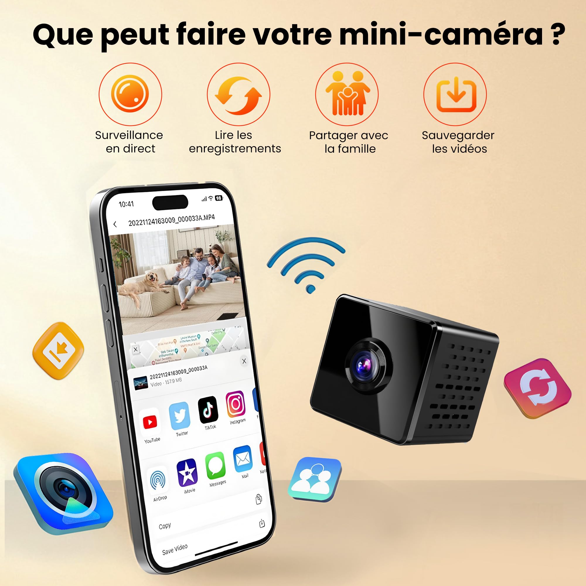 javiscam Mini Caméra Espion sans Fil 2K, WiFi Intérieure avec Vision Nocturne, Détection de Mouvement, Enregistrement Local et Cloud, Adaptée aux Bébés, Animaux, Personnes Âgées et Sécurité Maison