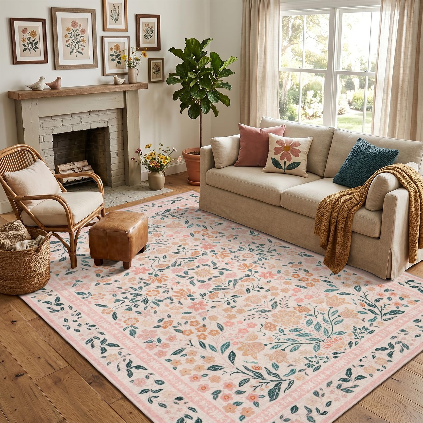 Pink Rugs 8x10 for Living Room -Washable Vintage Floral Non-Slip Indoor Area Rug for Kids Bedroom Dinning Room - Stain Resistant Low Pile Soft Large Floor Carpet for Girls Playroom Nursery Home Office