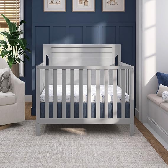 Dream On Me Bellport 4-in-1 Convertible Mini Baby Crib, Compact Design in Pebble Grey, GreenGuard Gold & BSA, Non-Toxic, Sustainable Pinewood, Converts to Mini Daybed & Twin Bed, 1 Mattress Pad