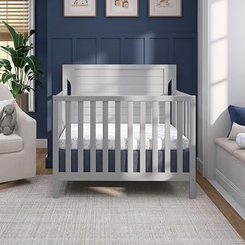 Dream On Me Bellport 4-in-1 Convertible Mini Baby Crib, Compact Design in Pebble Grey, GreenGuard Gold & BSA, Non-Toxic, Sustainable Pinewood, Converts to Mini Daybed & Twin Bed, 1 Mattress Pad