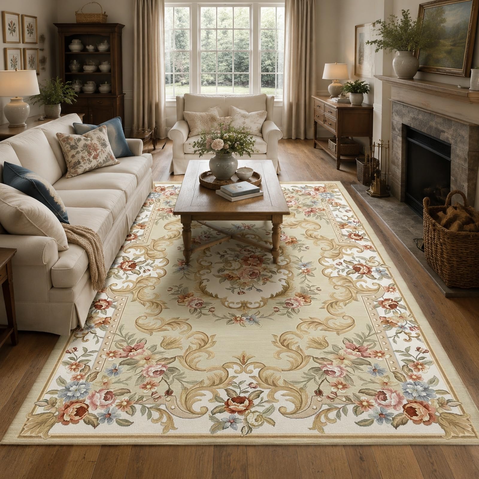 Tappeto Lavabile Antiscivolo, 160 x 200 cm, shabby chic floreale beige rosa rosso blu giallo, Tappeti Decorazioni per interni Armadio Camera da Letto Grande Soggiorno Rug,