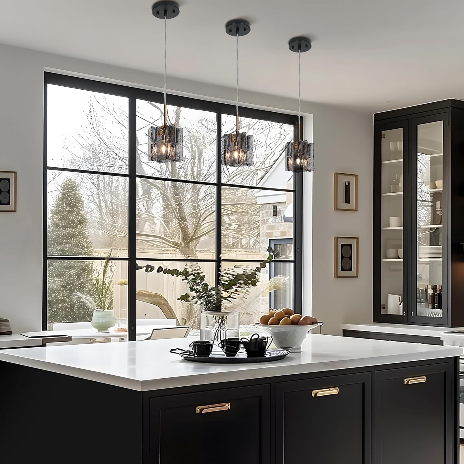KSANA Pendant Lights Kitchen Island, 4.7'' Black and Plating Brass Kitchen Pendant Lighting Over Island, Modern Hanging Light Fixtures with Handcrafted Smoky Textured Glass