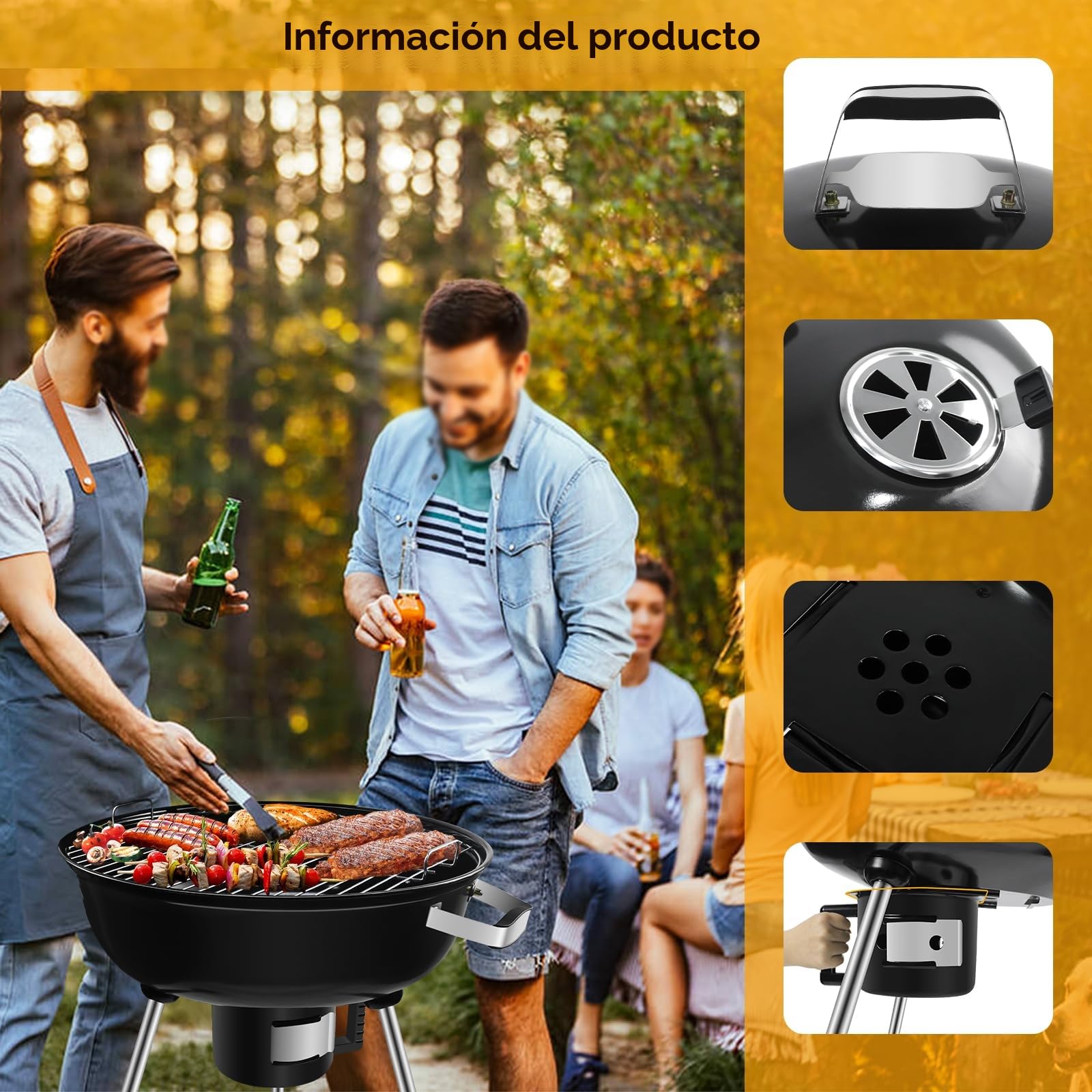 Barbacoa de carbón vegetal con tapa y ruedas, 54 cm de diámetro, compacta y fácil de transportar, perfecta para camping y eventos al aire libre, 64 x 64 x 99 cm | Parrilla de 54 cm de diámetro, carro de carbón vegetal con ruedas, adecuado para camping