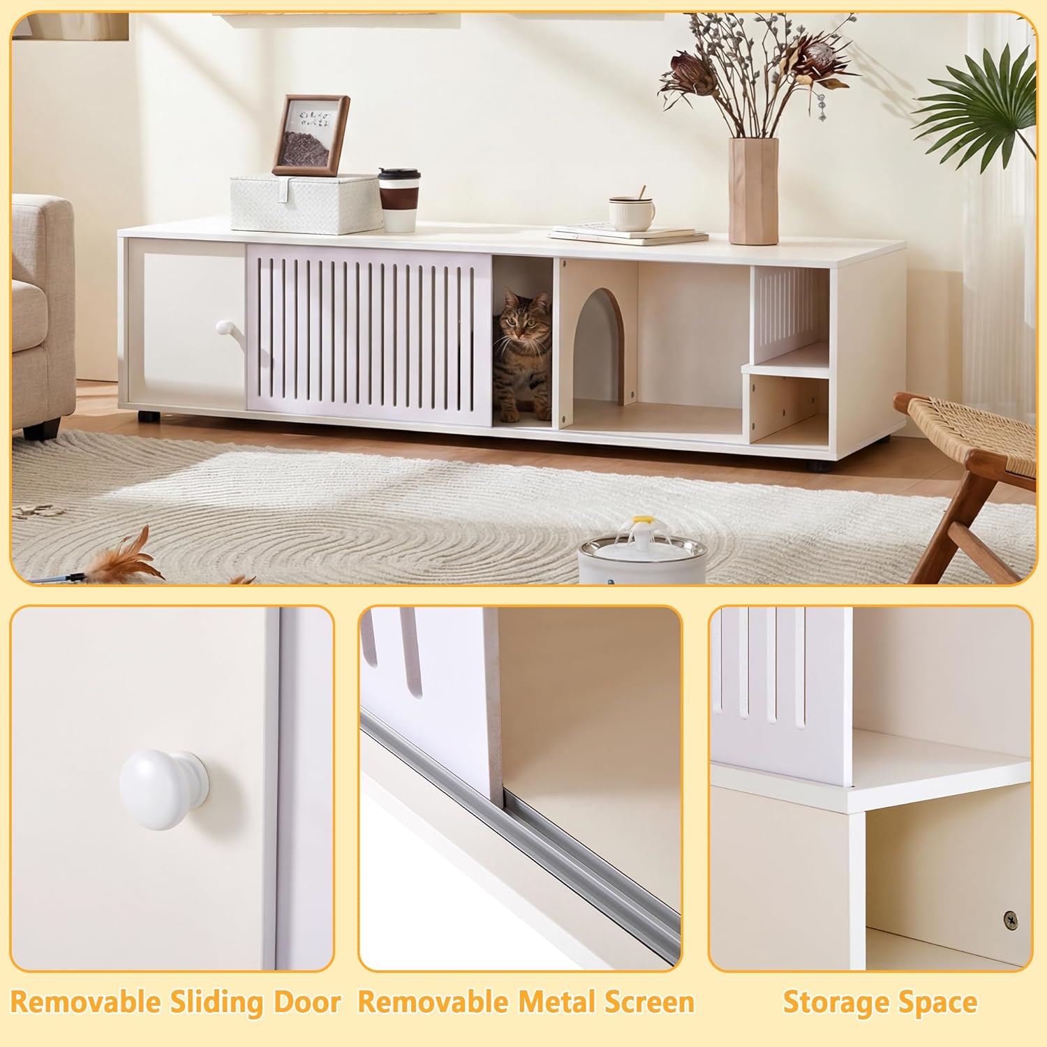 TV Stand for TVs up to 75" with Cat Litter Box, Wooden Litter Box Cabinet with Removable Sliding Door, Entertainment Center with Storage,TV Media Console for Living Room