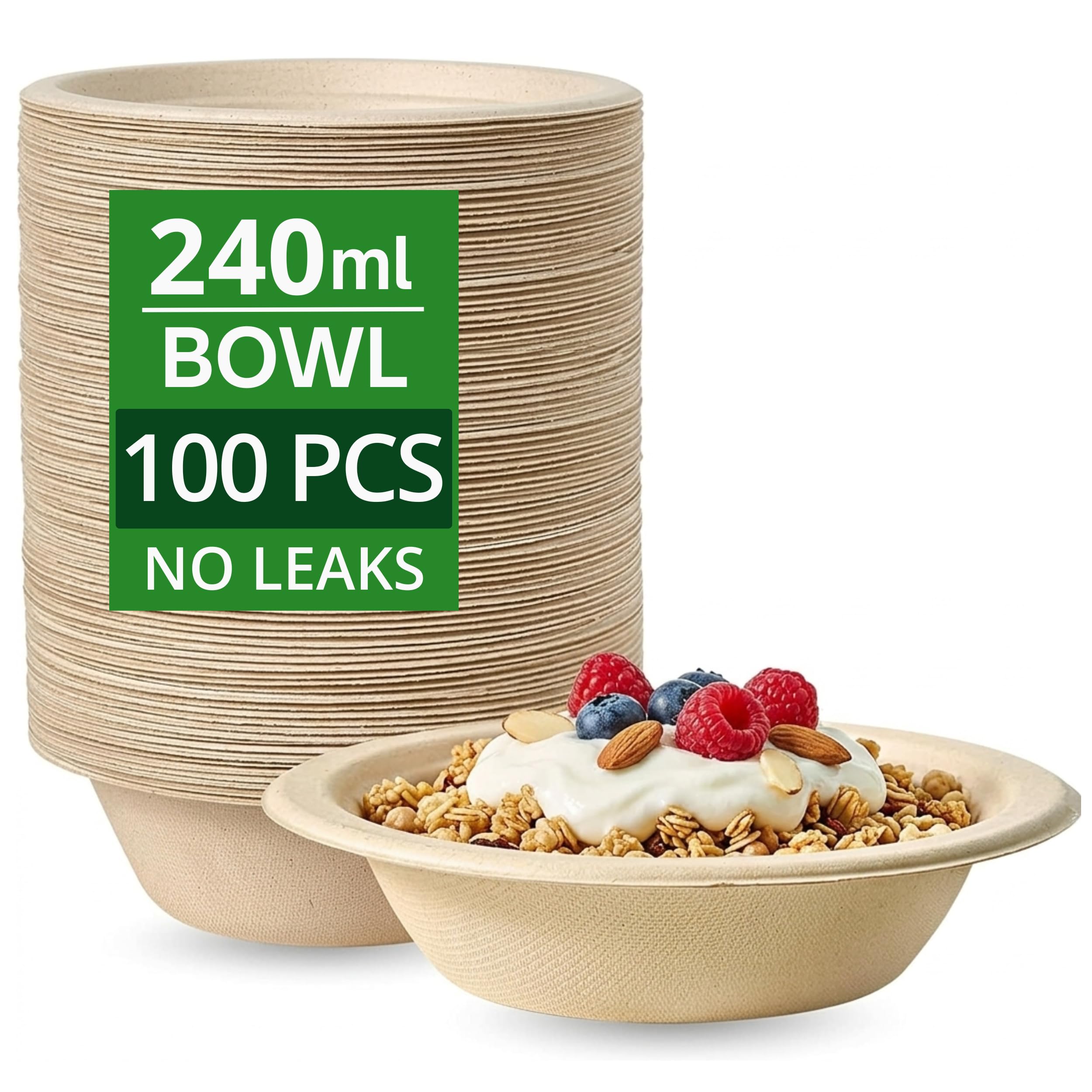 Ask Packaging 100 Pack Strong Paper Bowls – 240ml Small Disposable Compostable Bagasse Bowl for Party – (4.5 x 1.77 inches) Biodegradable Microwavable Soup Bowls - Idea for Dessert Milk Salad Cereals