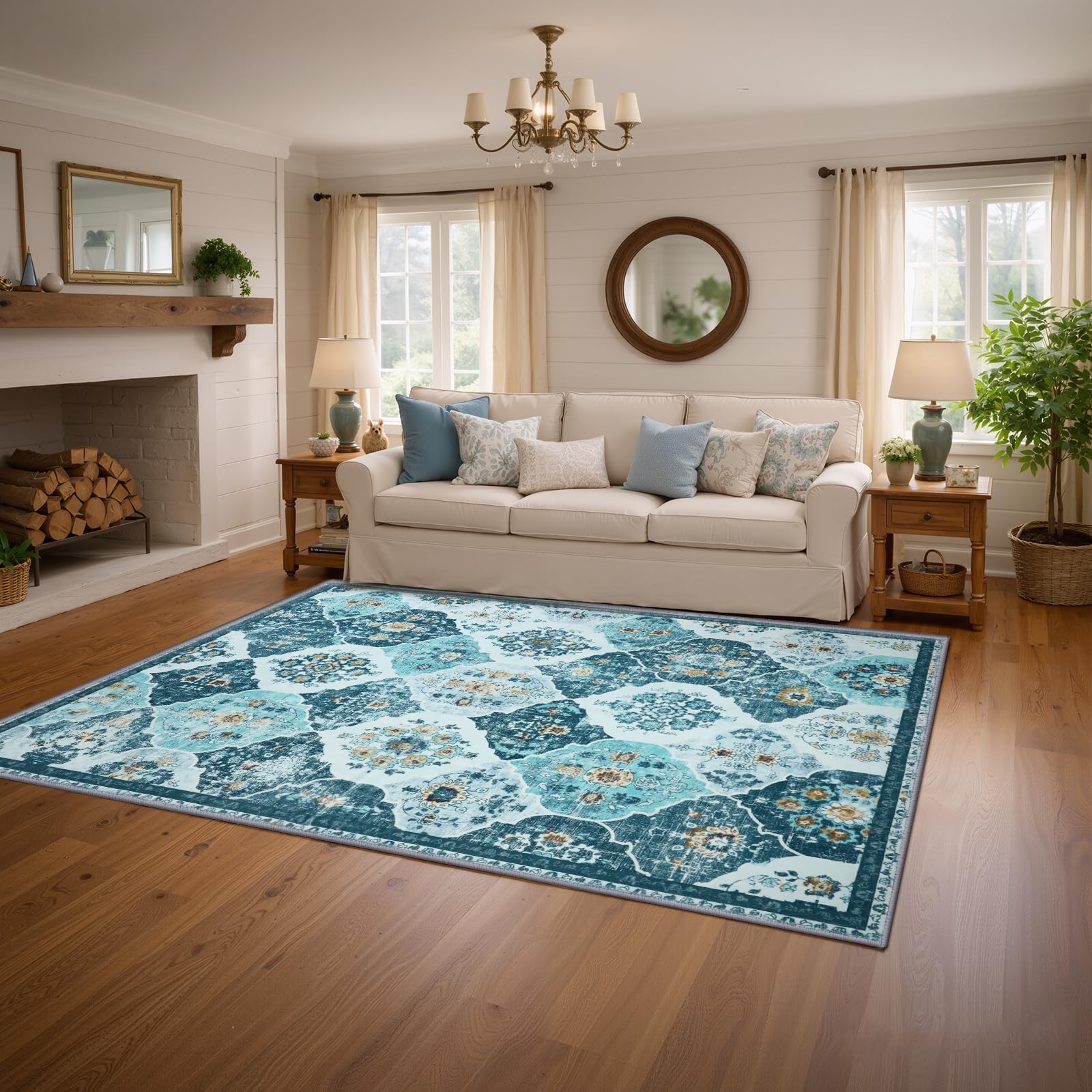 FLYRUGGO 5x7 Area Rug, Washable Boho Throw Rugs for Living Room, Moroccan Trellis Bohemian Ultra Soft Large Non-Slip Carpet for Bedroom Home Office -