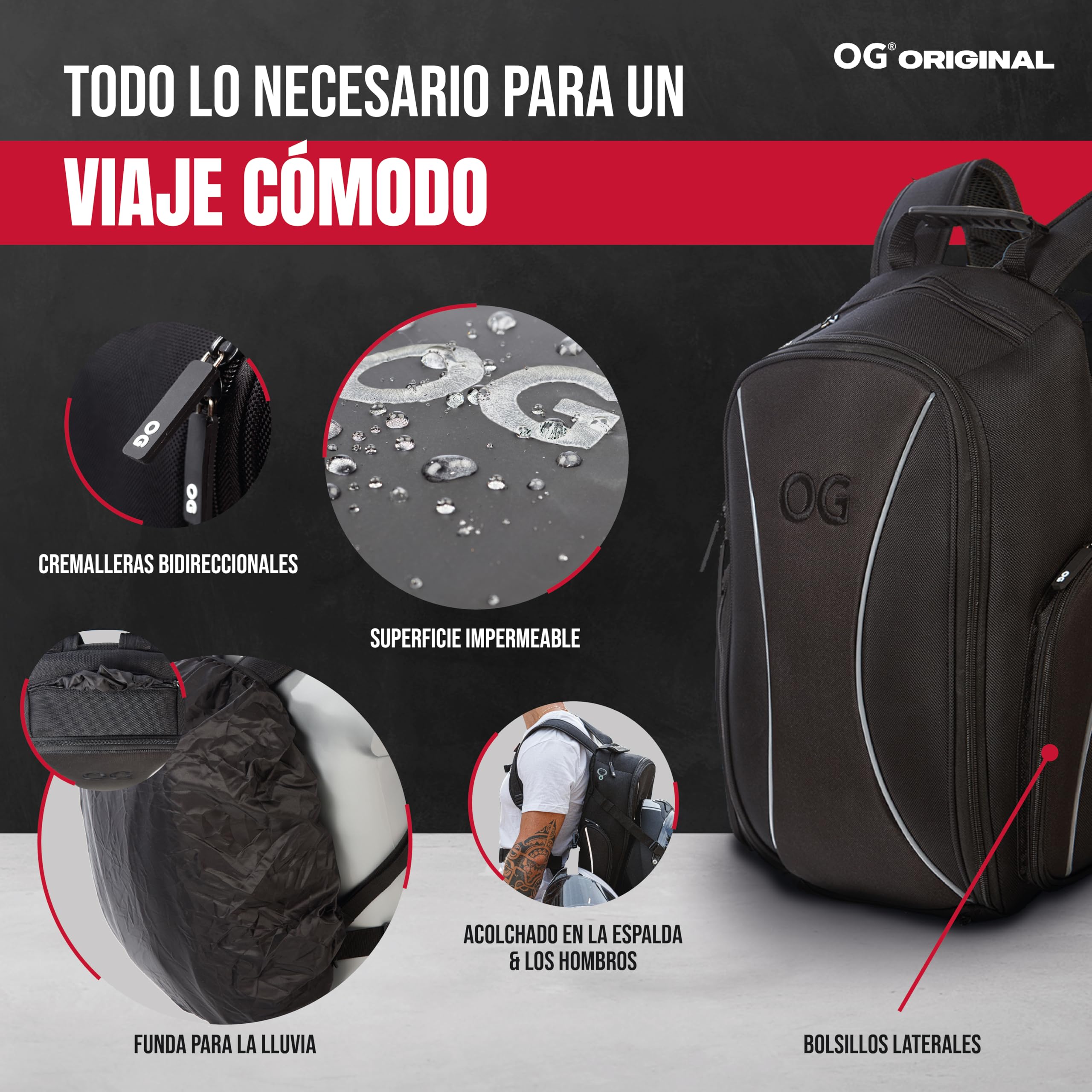 OG Original Mochila Moto GO Negra Impermeable 20L, Bolsa Porta-Cascos Motorista, Correa Casco, Ciclismo, Hombre, Portátil, Reflectante, Bolsillo Antirrobo