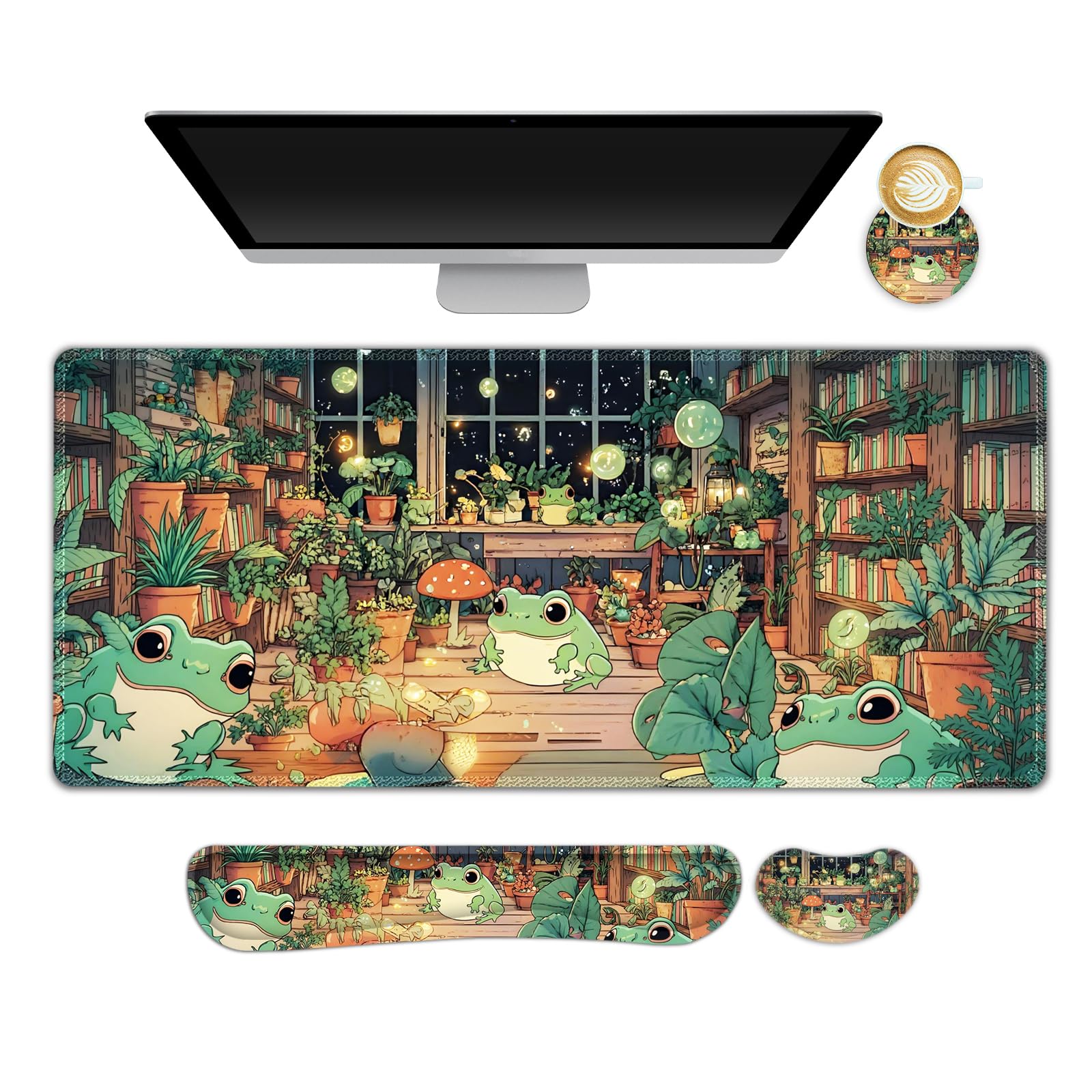 NXZGO Large Gaming Mouse Pad Set, 4 in 1 Ergonomics Keyboard Desk Mat with Memory Foam Wrist Rest, Computer PC Extended Game Mousepad, Non-Slip Desk Matt Easy Typing Pain Relief I Frog & Mushroom — image 1