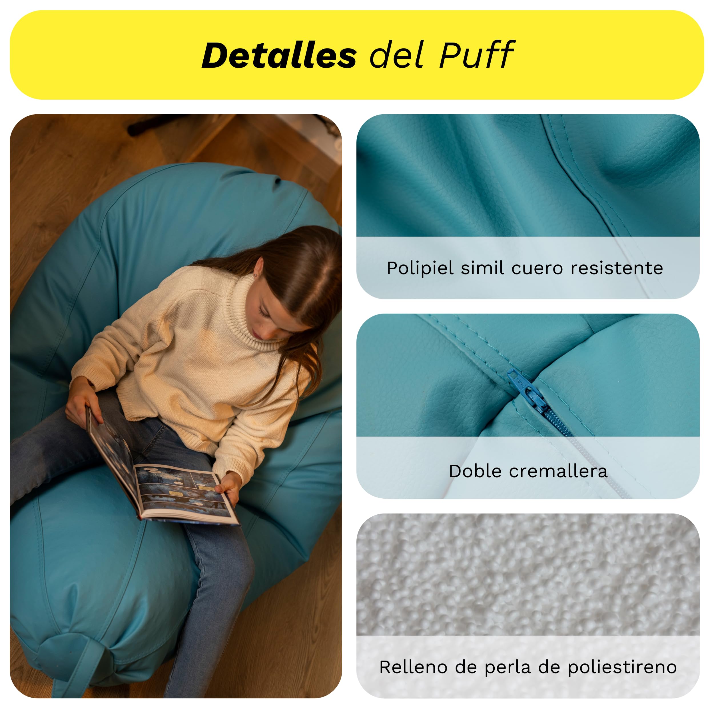 MiPuf - Puff Pera XXL Beige | Puff con Relleno Incluido EPS de Alta Recuperación | Fabricado en España con Tejido Polipiel Alta Resistencia | Puf Gran Comodidad Doble Costura y Doble Cremallera