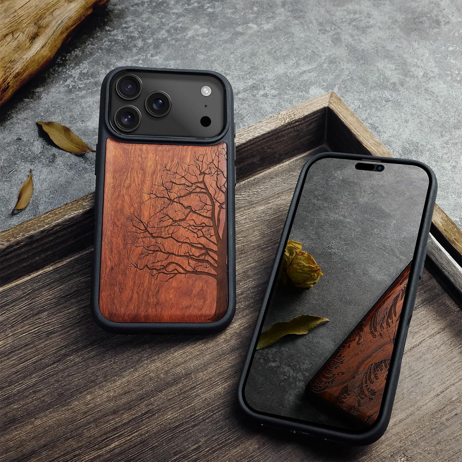 Carveit Magnetic Wooden Case for iPhone 17 Pro Case, Wood Artisan Engraved & Black Soft TPU Shockproof Cover, Compatible with MagSafe Wireless Chargers (The Bare Tree) Rosy - Image 4