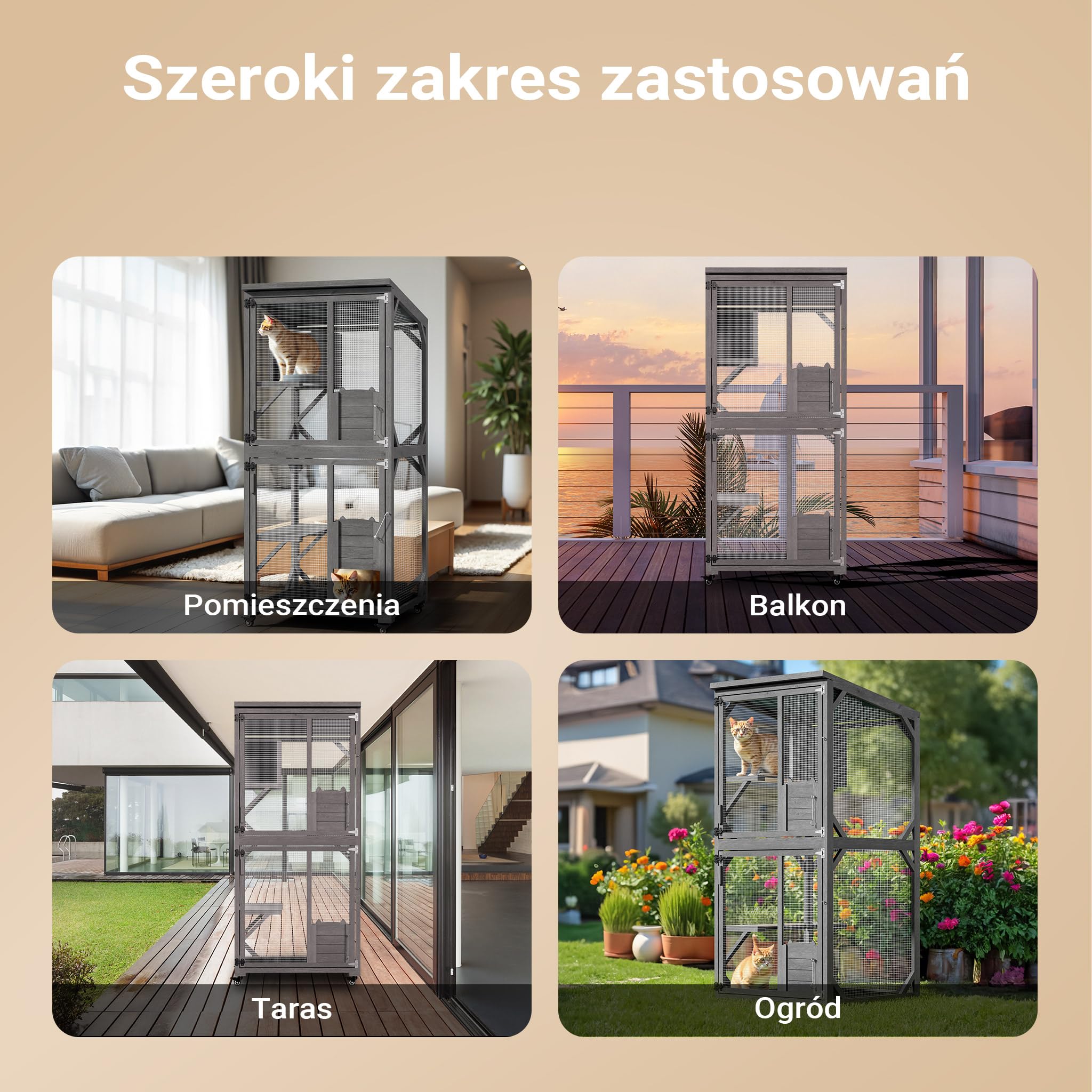 Wiltec Woliera dla kota 74 x 78 x 180 cm, z drewna na balkon i do ogrodu, wybieg z 3 poziomami i domkiem, całkowicie otwierana