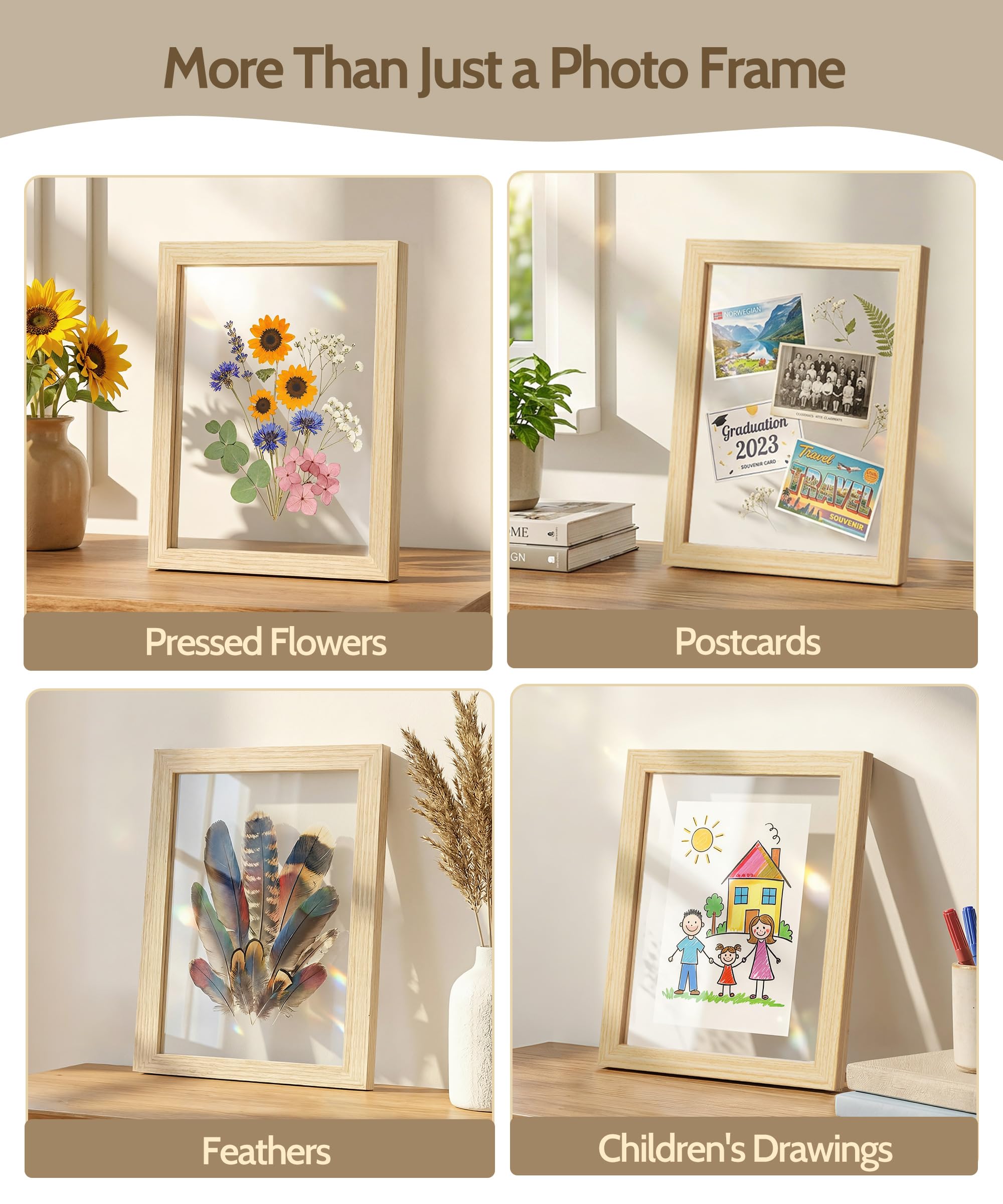 Sonefreiy Pływające ramki na zdjęcia 8 x 10 cm, zestaw 2 sztuk, drewniana ramka na zdjęcia, podwójne szklane ramki na kwiaty, 15 x 18 cm, ekspozycja ścienna i stołowa, prezenty na Dzień Matki, prezent
