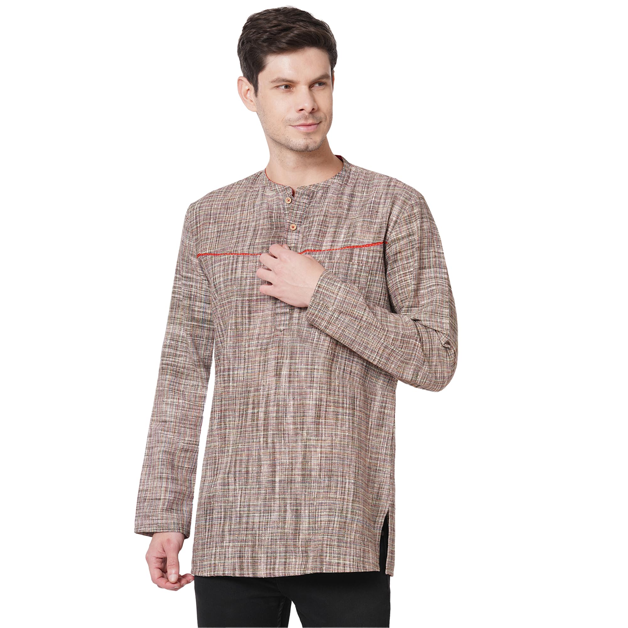 Men’s Multicolor Cotton Full Sleeve Slub Textured Kurta | Regular Fit with Mandarin Collar & Button Closure | Hip Length-image-49