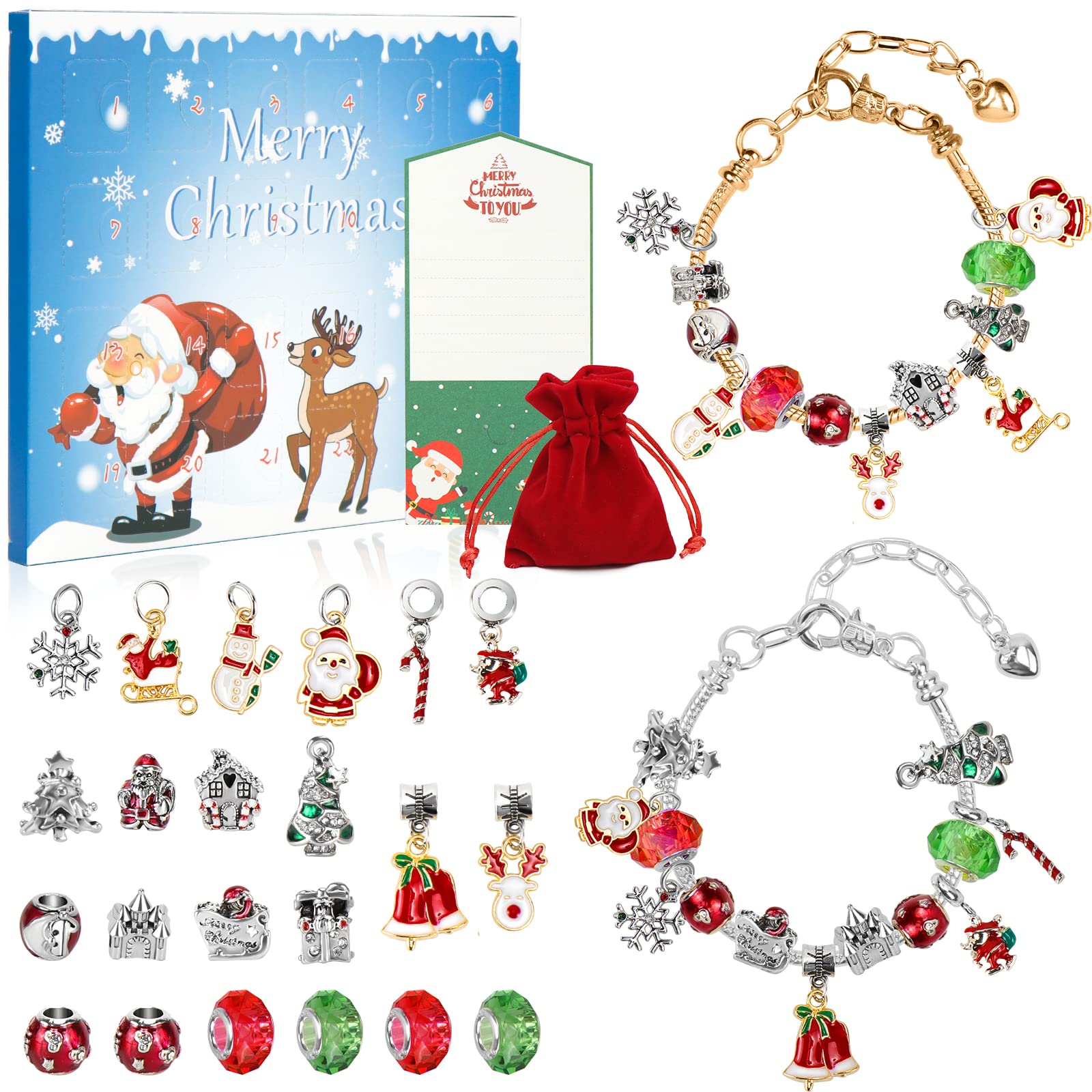 Meetory Advent Calendar 2022 Jewellery , Charm Bracelet Making Kit for Women Girls Kids, Christmas Countdown Calendar DIY Charm Bracelet Advent Calendar with 2 Bracelets, 22 Beads, 1 Christmas Card