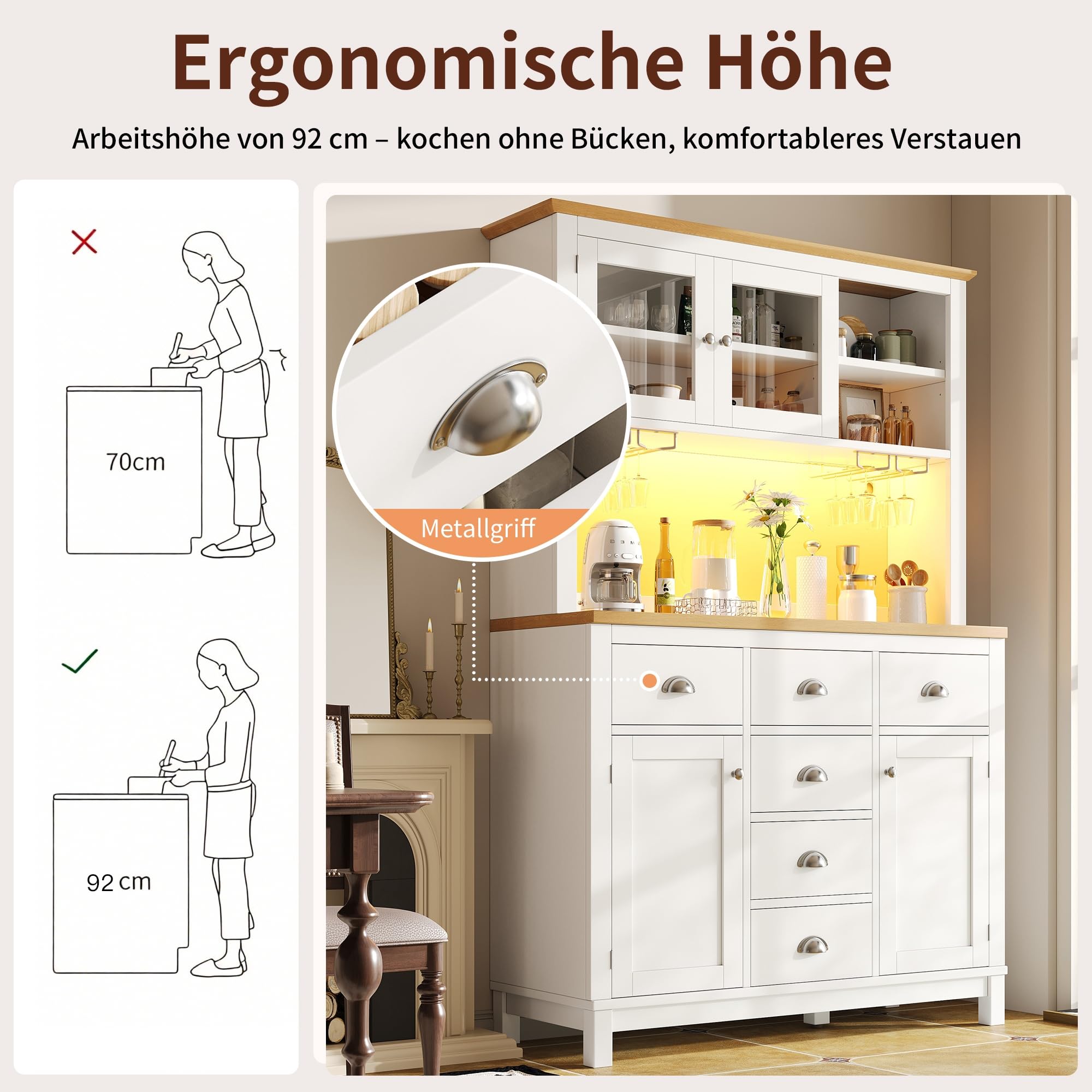 Seitenboard/Aufbewahrungsschrank/Küchenschrank/Buffetschrank, 104x40x180cm, Landhausstil, 4 Türen, mit LED-Lichtleiste & Getränkehaltern, Weiß