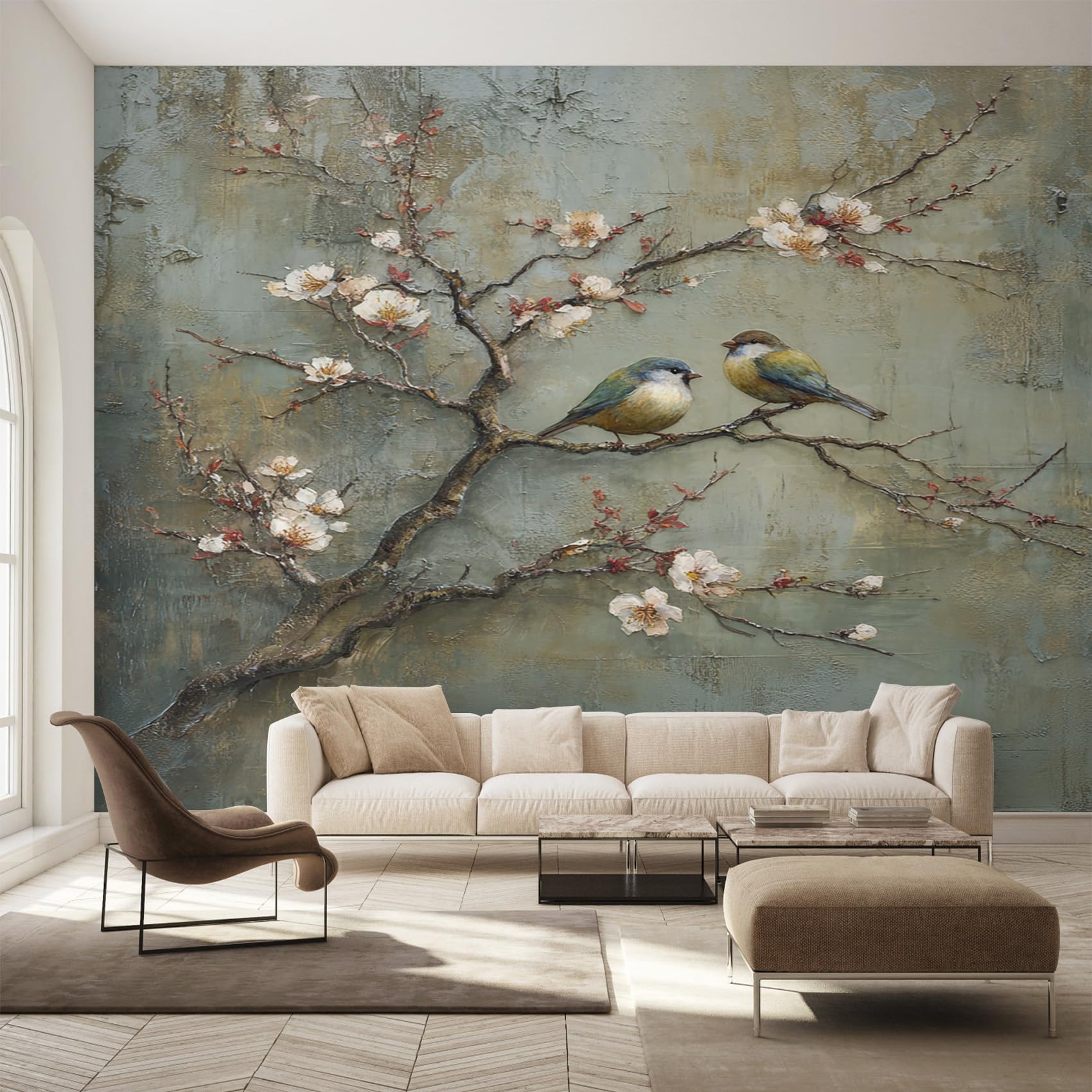 Papier peint intissé oiseaux et fleurs 250x175 cm déco murale panoramique salon chambre bureau