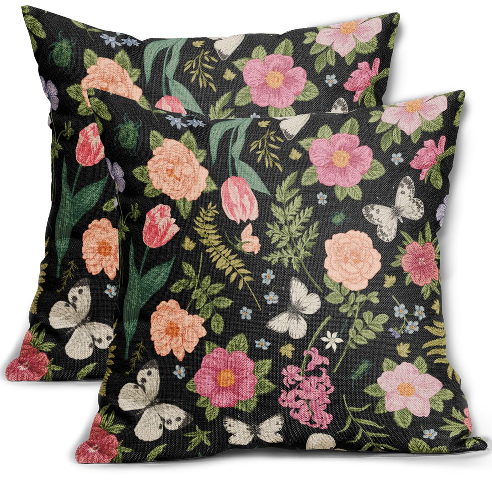 sorfbliss Spring Summer Floral Pillow Covers 20x20 Set of 2 Black Vintage Pink Flower Green Leaf Butterfly Botanical Print Decorative Throw Pillow Cases Outdoor Farmhouse Decor for Sofa Couch Bed