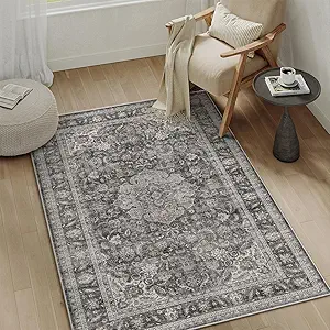 3x5 Washable Black Grey Vintage Area Rug for Entryway Non-Slip Low Pile Carpet Traditional Retro Distressed Accent Vacuumable Door Mat Small Throw Rug for Entrance Bathroom