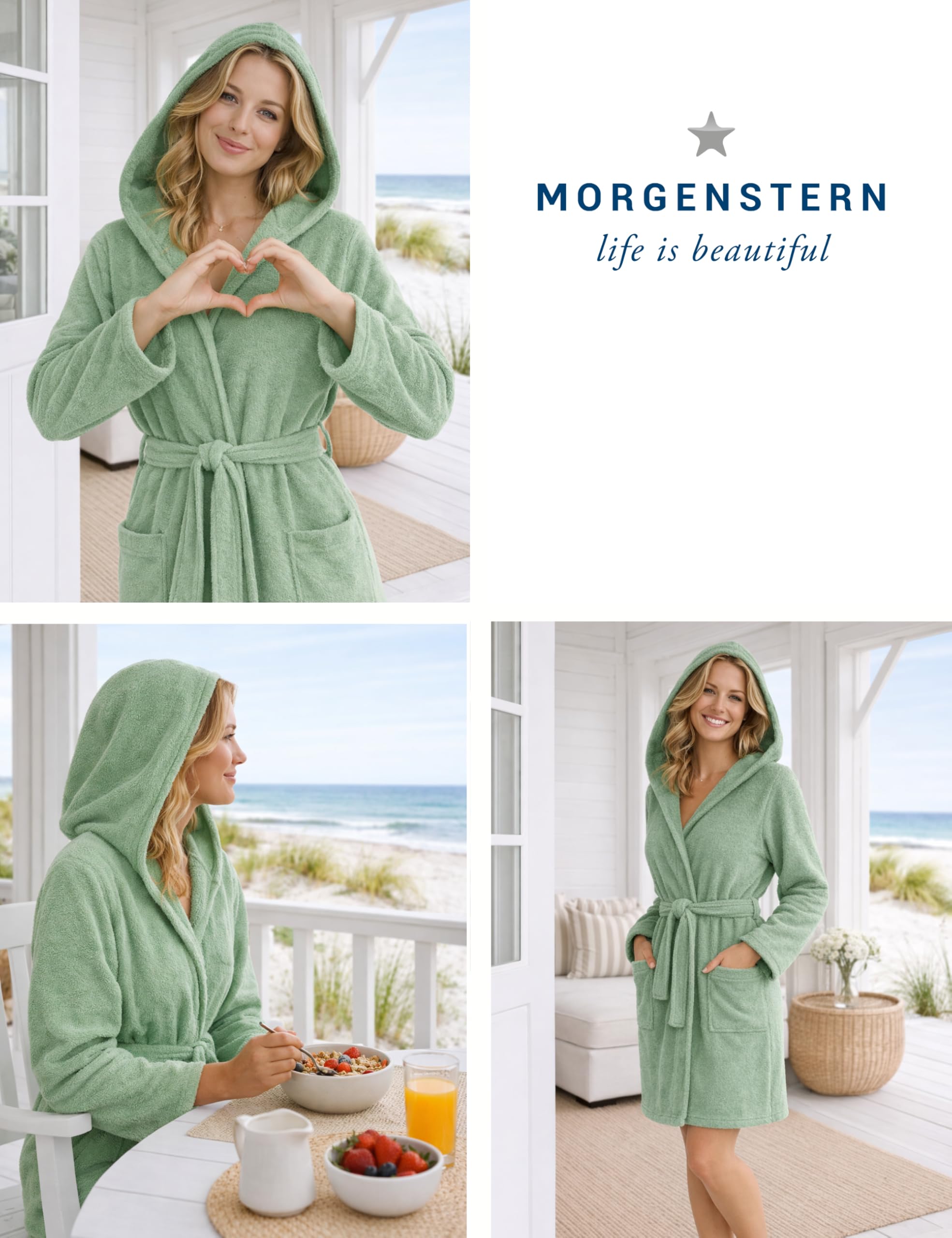Morgenstern Accappatoio Donna in Spugna Leggera Sottile 100% Cotone Corto con Cappuccio Certificato Oeko-Tex