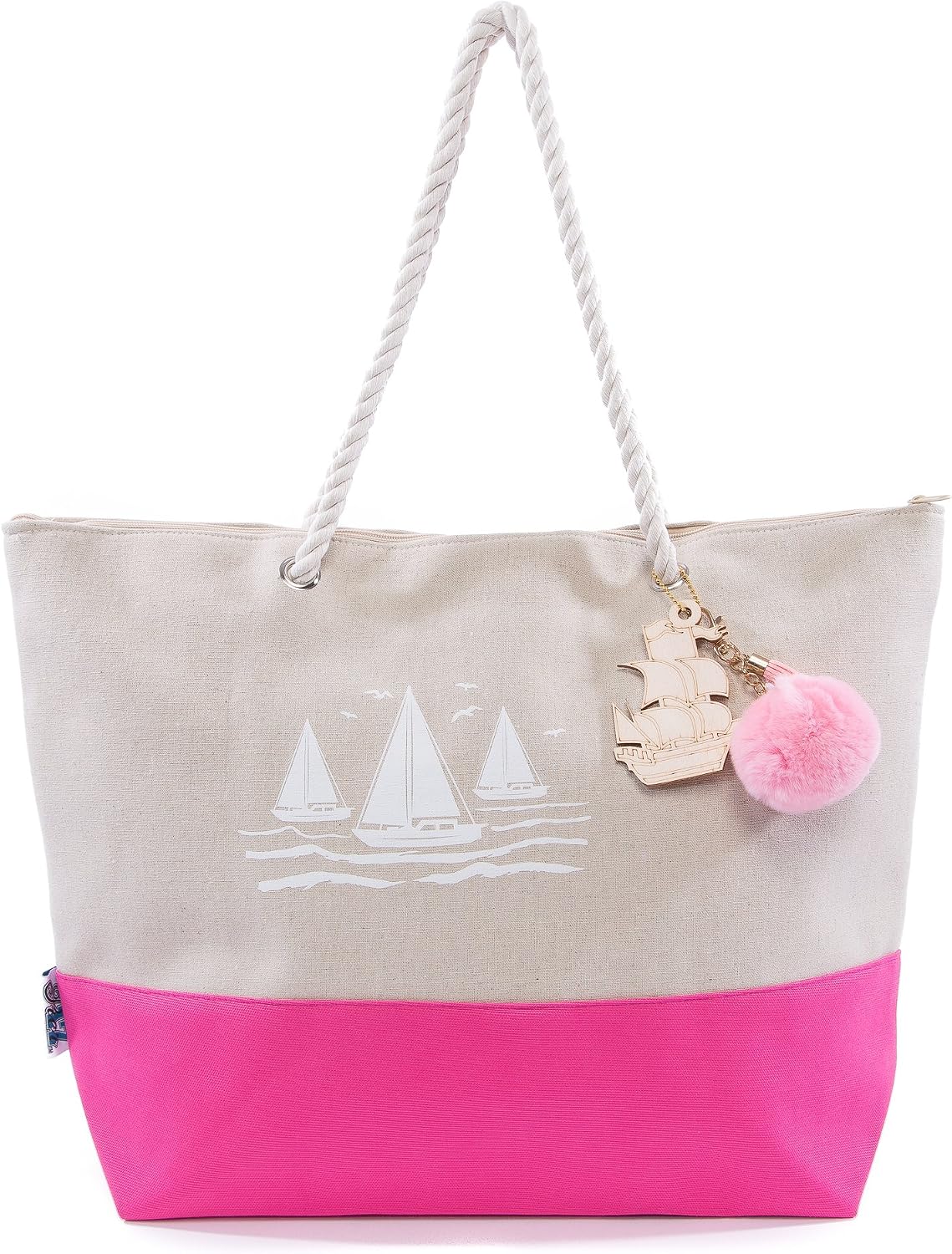Pier 17 Canvas Beach Bag Is Good For Travel And Beach With Zipper And Nice Charm, Tote Pom Pom Bag Has A Pocket Inside. (Pink Sailboat)