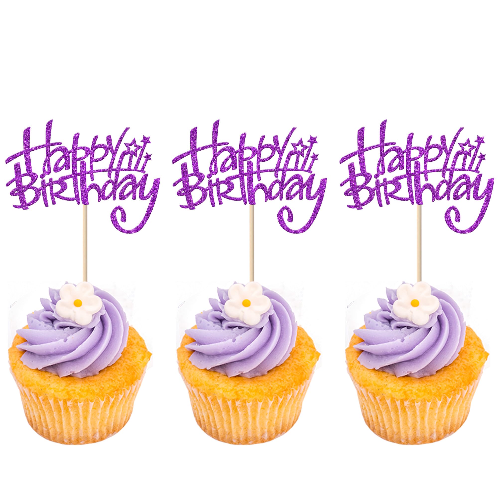 Rsstarxi 24 Pack Happy Birthday Cupcake Toppers, Cake Decorations, Food Picks for Anniversary/Birthday Party Supplies - Purple