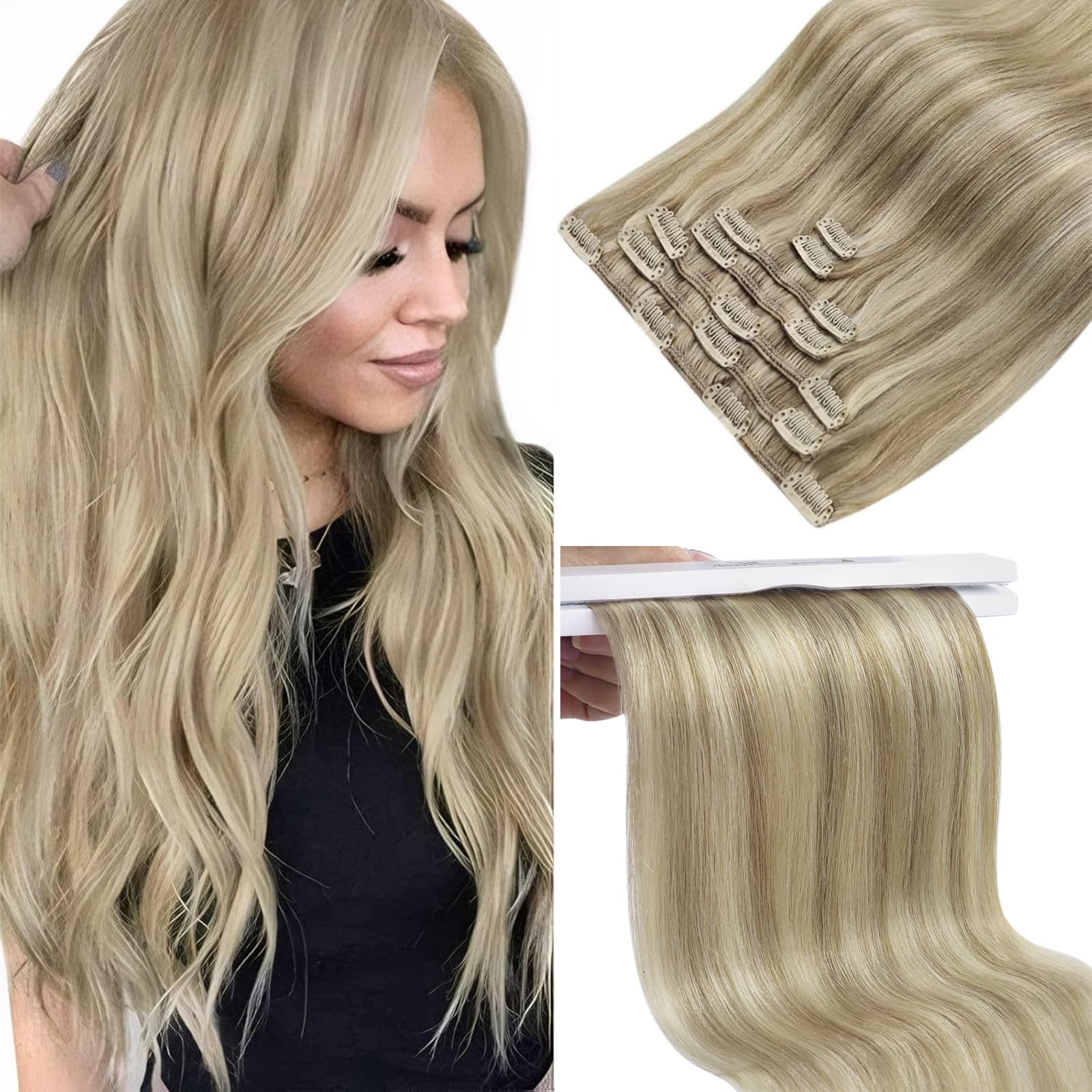 Sunny Hair Clip in Hair Extensions Real Human Hair 22 Inch 150g Thick Remy Hair Clip in Extensions for Women Dark Blonde Highlights Golden Blonde