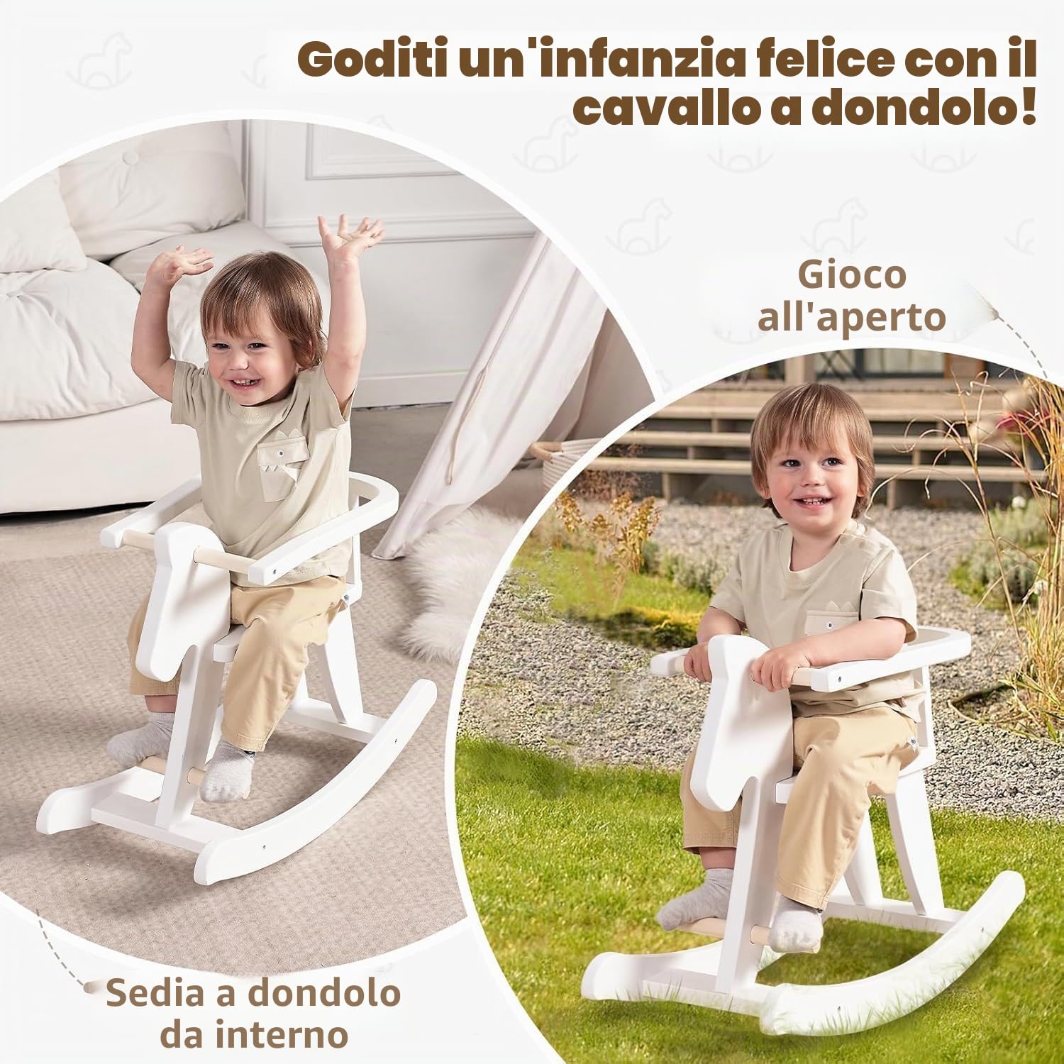 labebe Cavallo Dondolo Legno Bianco Classic, Sedia Dondolo Bambini per 6-36 Mesi, Giochi Cavalcabili Bambini/Dondolo Bambino/Dondolo Neonati Elettrico Dondolo Cavallo Bianco