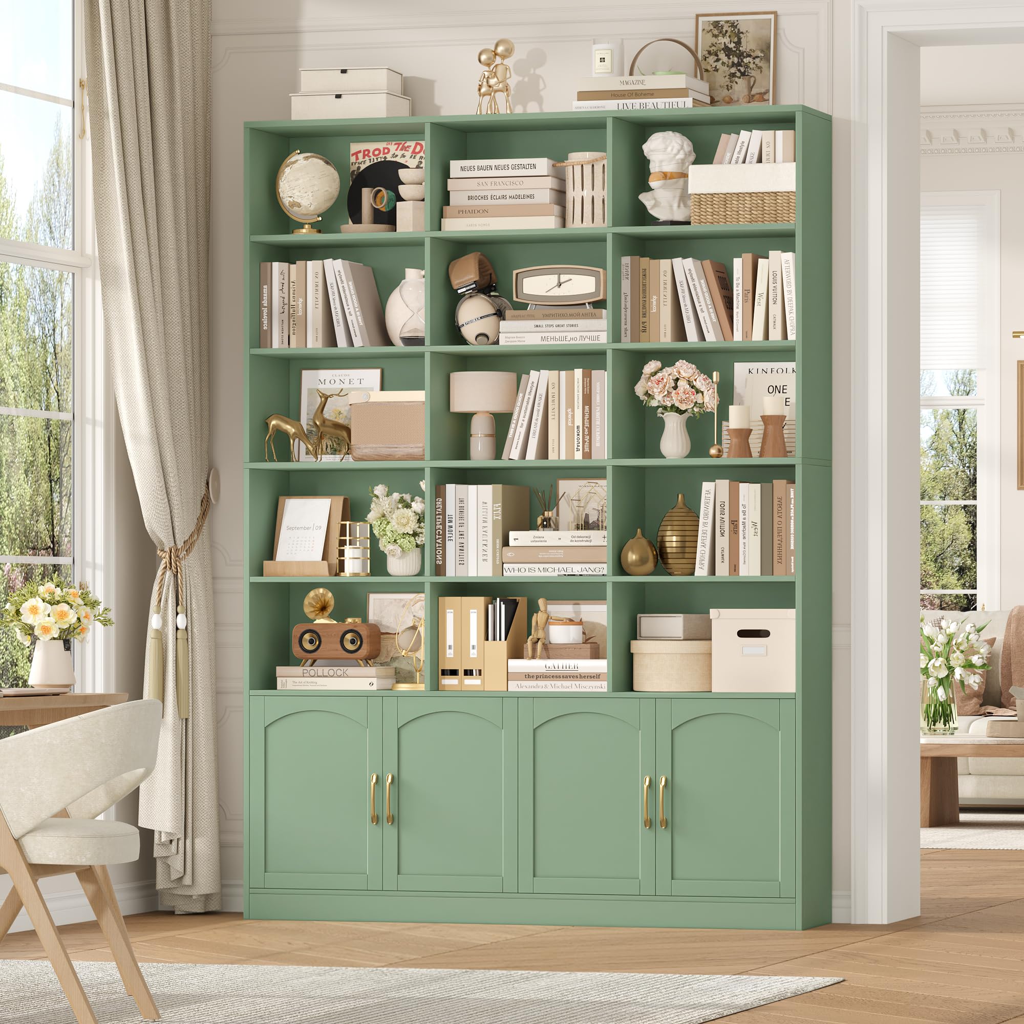 FirFurd Librería con Puertas, Estantería con Puertas, 3 Filas y 5 Niveles | Librería Salón, Vitrina Salón, Estantería Libros, Estanterias Almacenaje Madera, 4 Puertas, Verde, 150x23.7x209cm