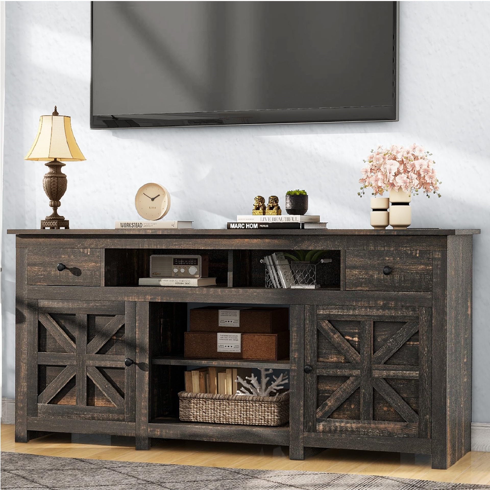 YITAHOME Farmhouse TV Stand 70 Inches, Entertainment Center with Power Outlet, Rustic TV Stands for Living Room, TV Console with Storage Drawers, Dark Rustic Oak