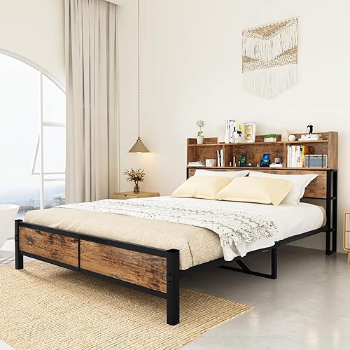 Miniatura 4 de Lamerge Base de cama matrimonial con cabecera de almacenamiento y estación de carga, plataforma de metal con almacenamiento de estantería, no