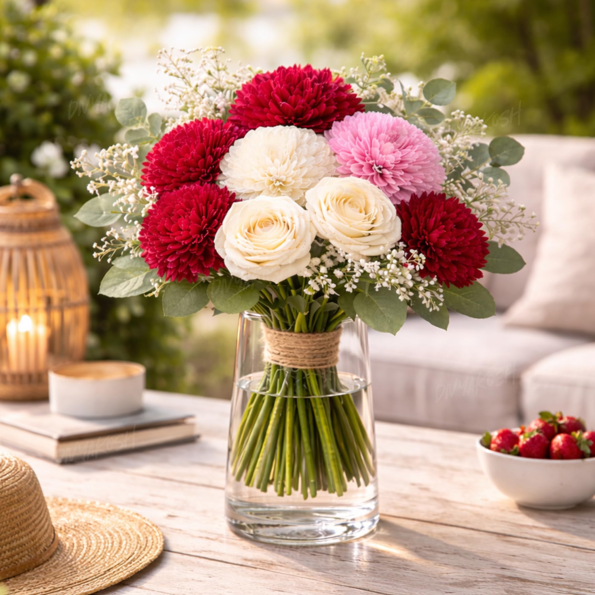 Artificial Flower Bunch for Vase | 11 Flower Heads - Dahlia & Rose Bouquet with Gpsy Decorative Faux Flowers for Home, Living Room, Office, Wedding Décor (Vase Not Included)