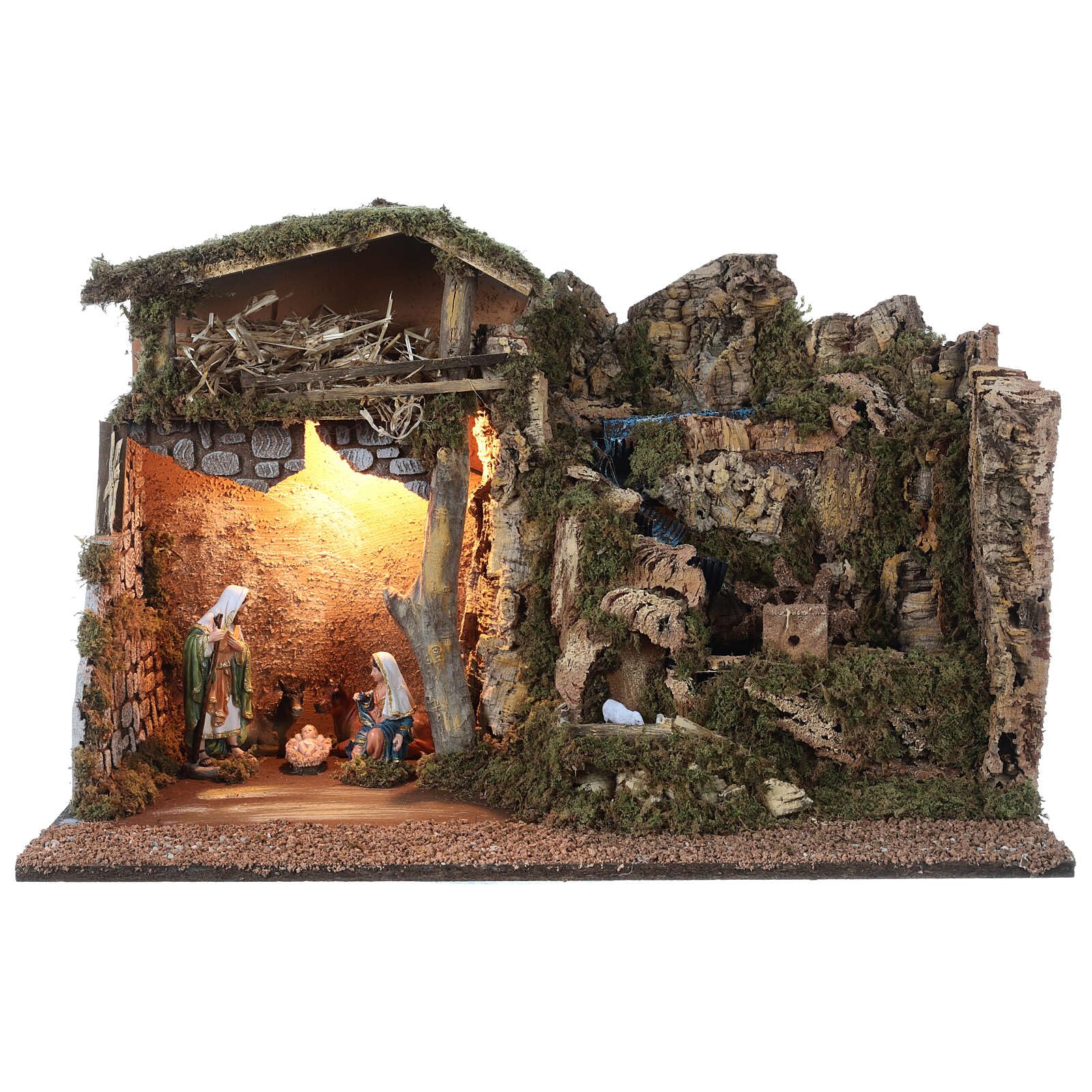 Holyart Nativity Scene Stable 16 cm Fountain Mill Light 50x70x40 cm, with figurinesWidth: 70 cm|Height: 50 cm|Depth: 40 cm