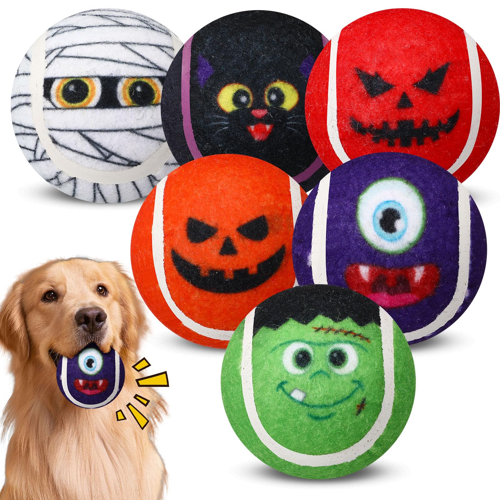 Civaner 6 Pcs Halloween Dog Toys Bulk, 2.5 Inch Squeaky Tennis Balls Gifts