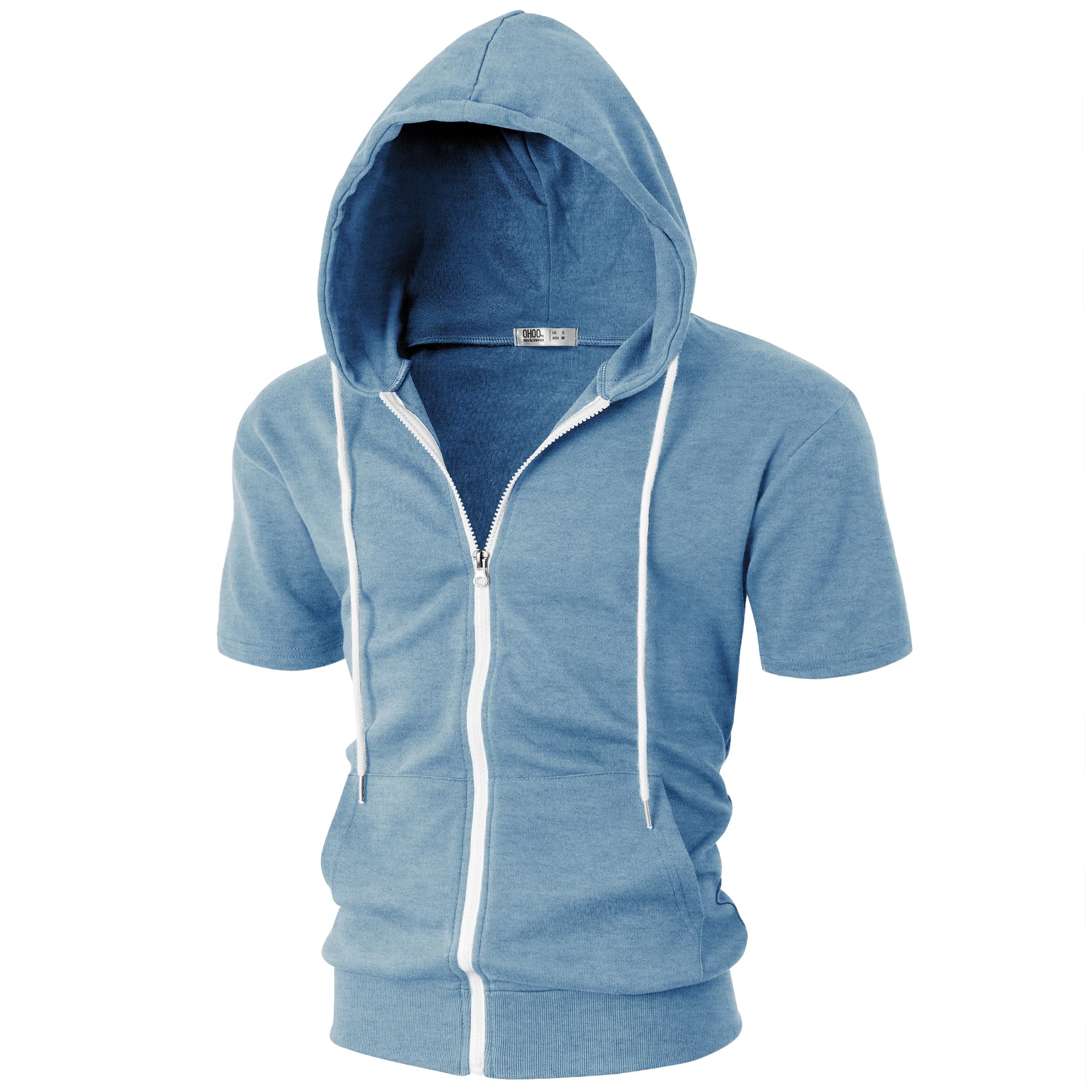 Ohoo Mens Slim Fit Zip up Hoodie Short Sleeve Thin Jacket Full Zip  Sweatshirt with Kanga Pocket