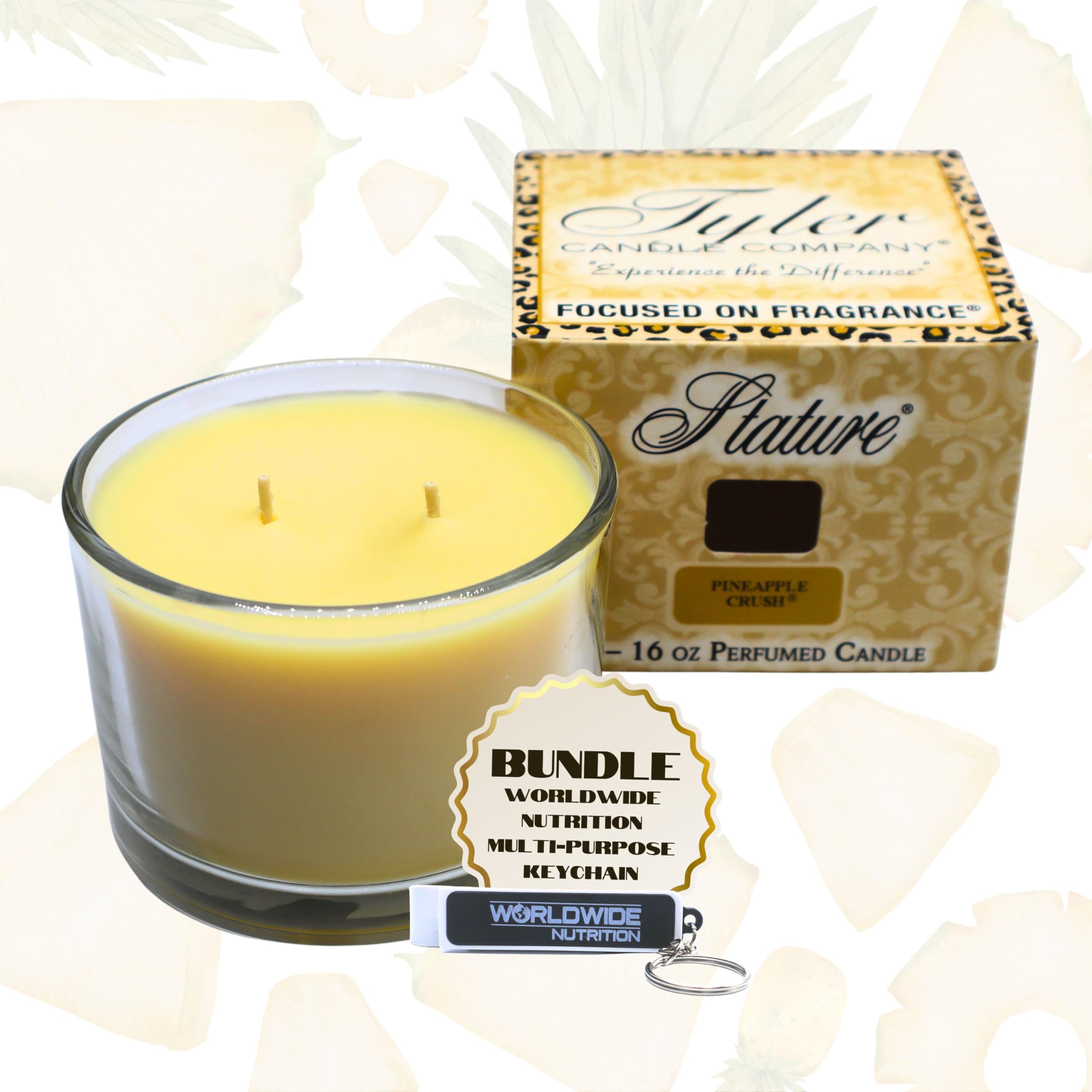 Worldwide Nutrition Bundle, Tyler Candle Company Pineapple Crush Stature Candle - Home Fragrance Scented Candle - 16 Oz, 2 Wick Candle Stature Model Home Decor and Multi-Purpose Key Chain