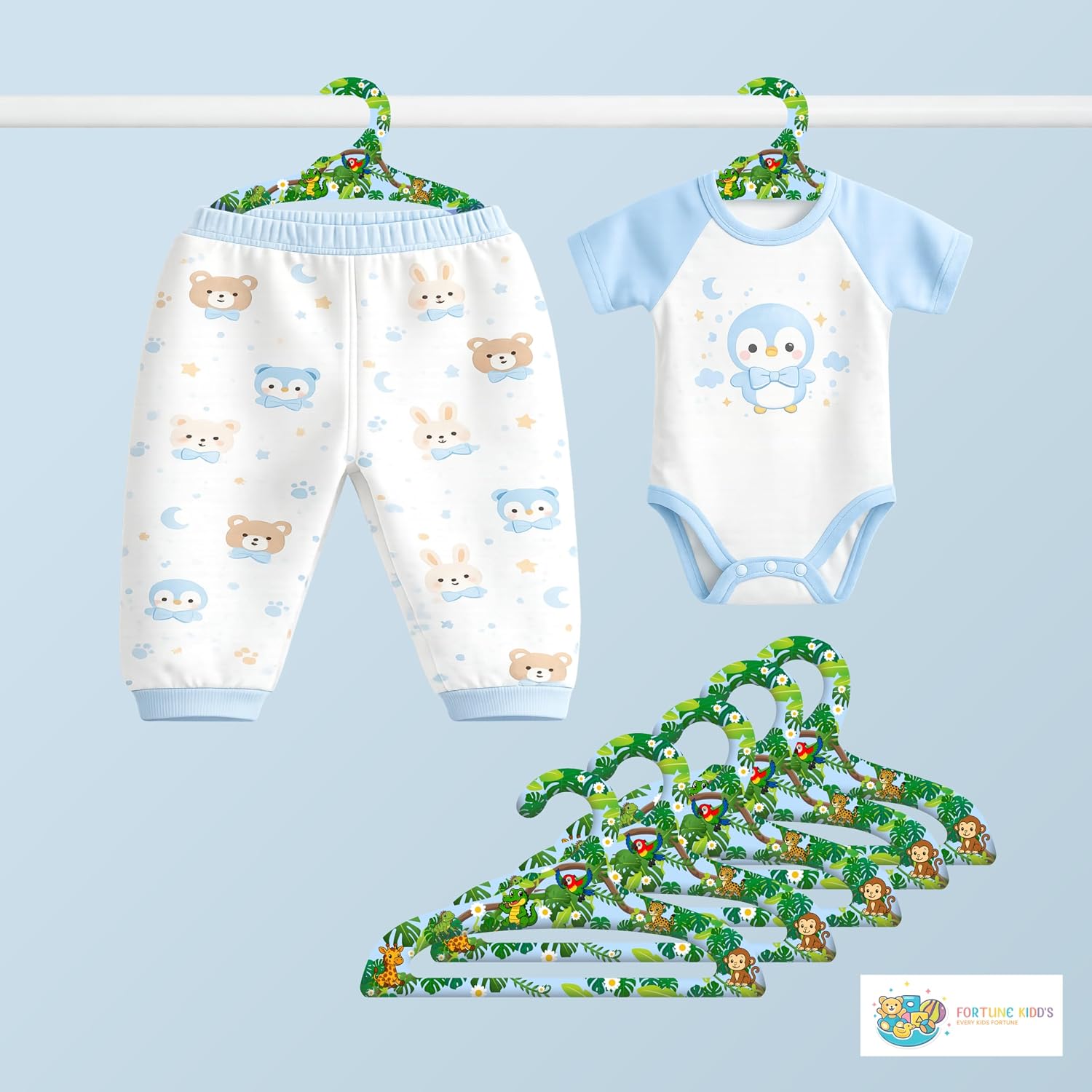 Baby and Kid Jungle/Tropical Theme Hangr, Boys Hangers with Jungle/Tropical Animals Design (Green, White, Blue, Yellow, Brown, Black)
