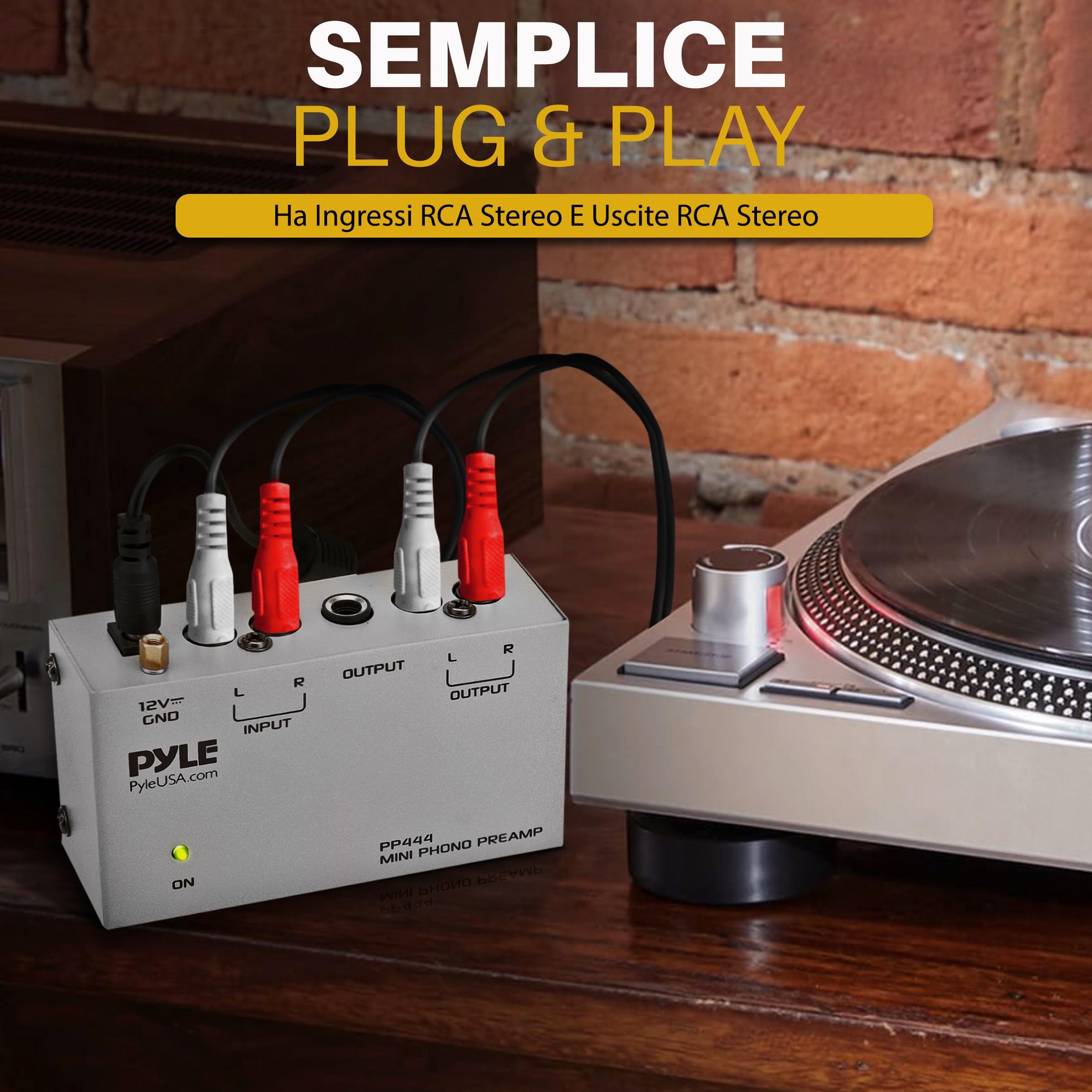 Pyle Preamplificatore Phono Mini per Giradischi con Ingressi e Uscite RCA, Basso Rumore, 12V DC, Grigio