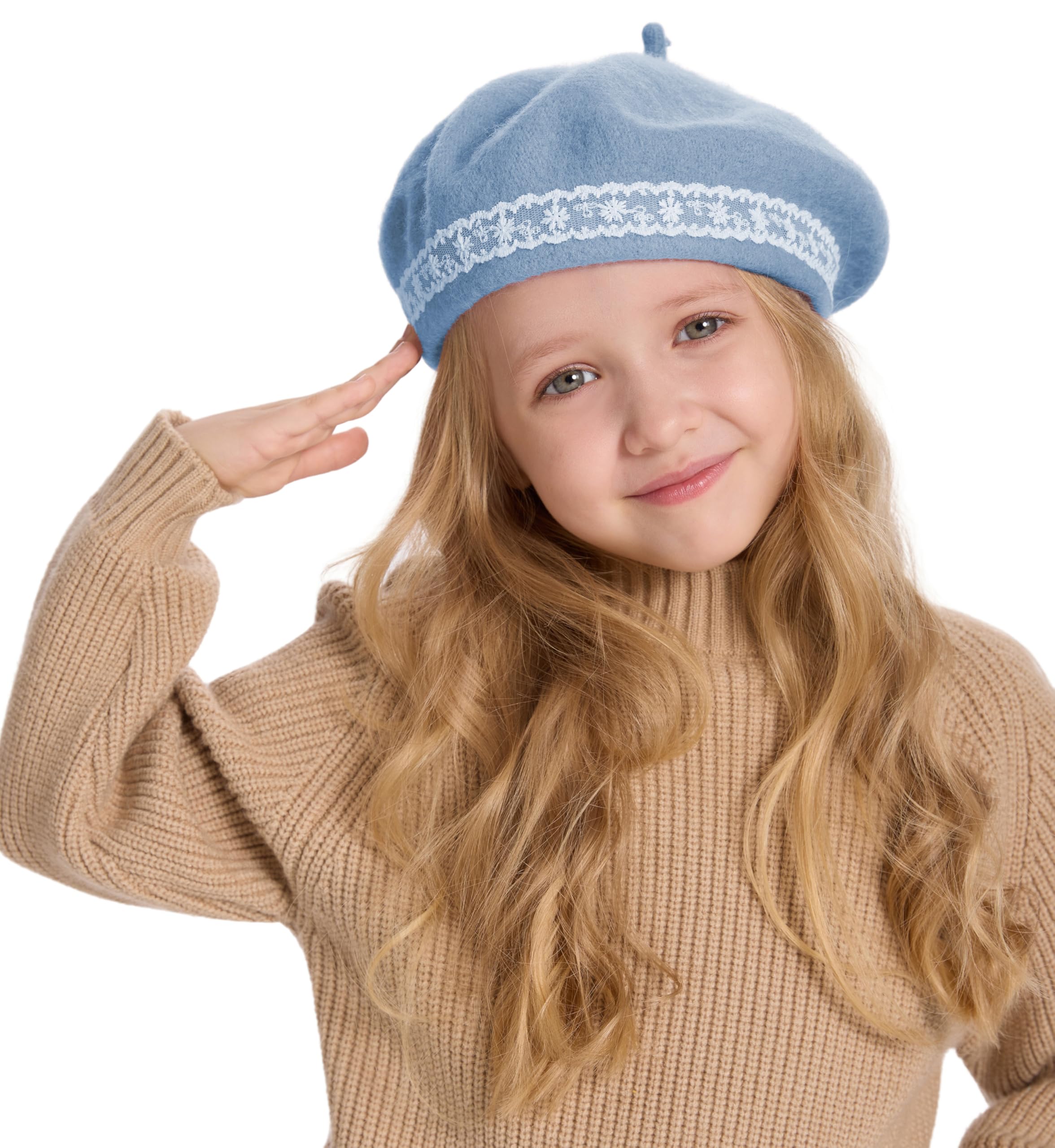ZLYC Wool Kids Beret Hat Girls Solid Color Artist French Beret Cap(Lace Sky Blue),One Size - Image 2