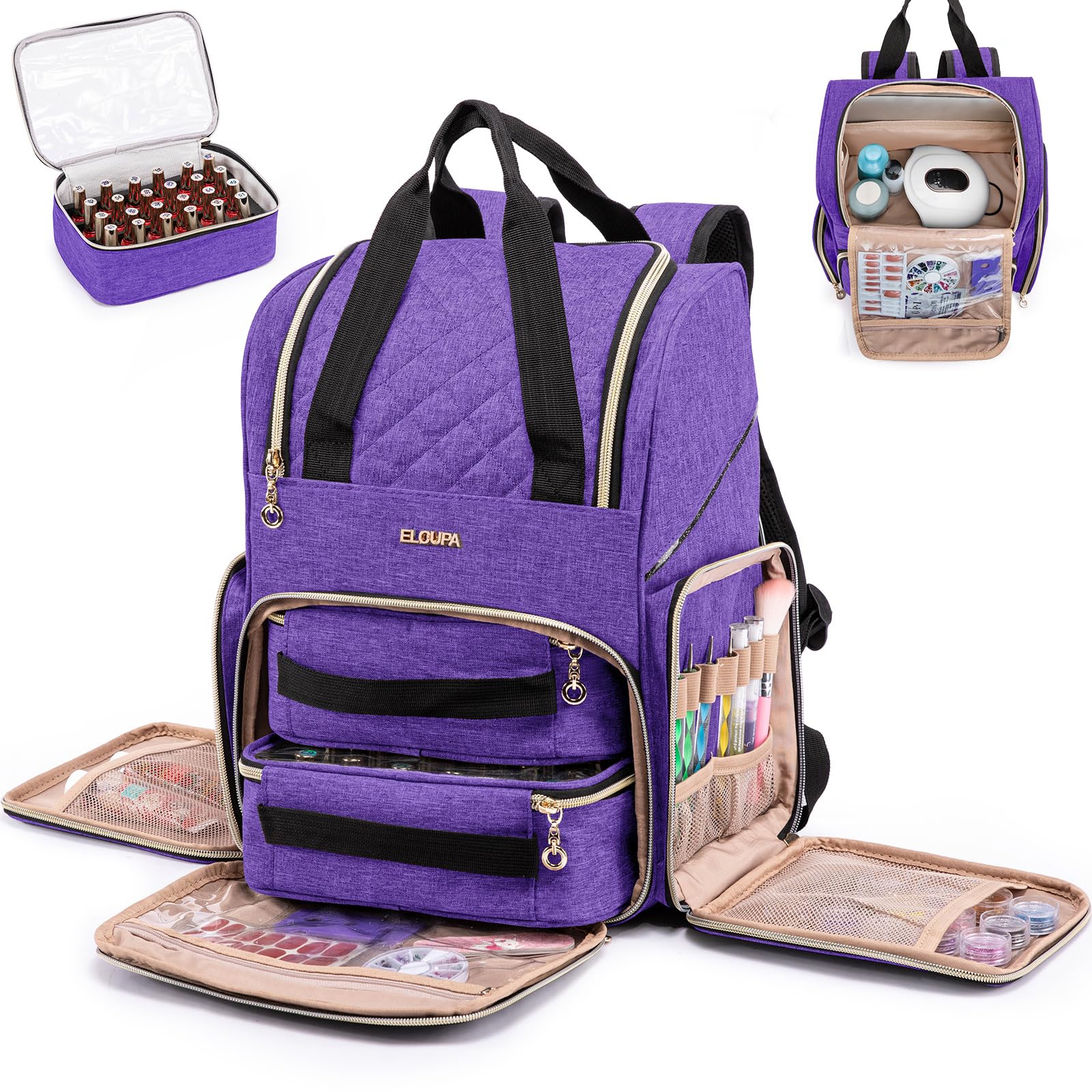 ELCUPA Nail Polish Organizer Backpack Holds 48 Bottles (0.5 Fl Oz) and a Nail Dryer, Nail Polish Storage Bag With 2 Removable Boxes for Nail Suppliers,Nail Kit, Gel Polish