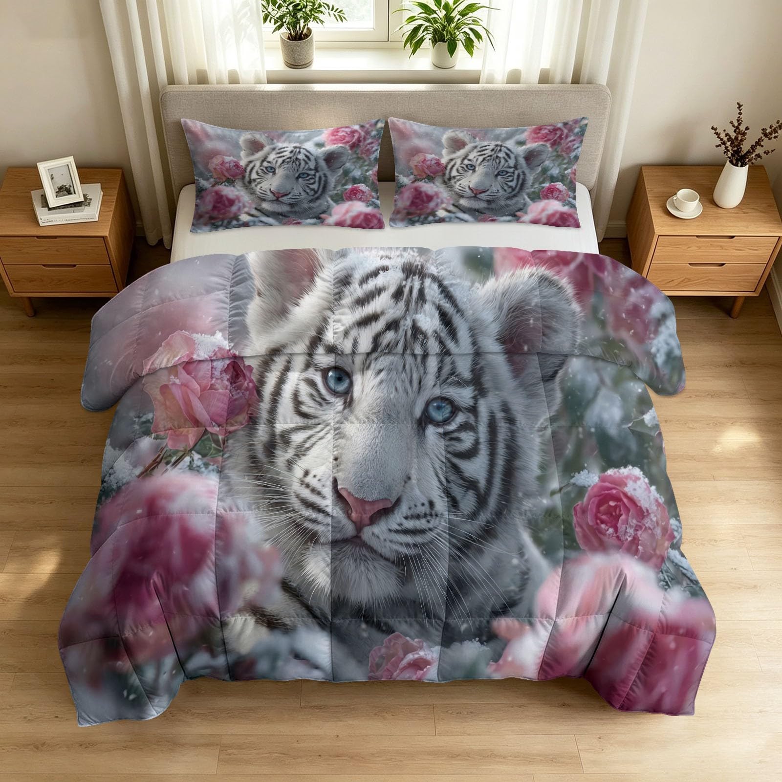 Couette lit 2 personnes 240 x 220 cm au design romantique fleurs rose et tigre blanc élégant