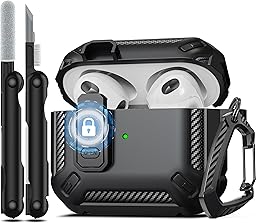 RFUNGUANGO AirPods 第 3 世代ケースカバー クリーナーキット付き ミリタリーハードシェル保護アーマー ロック付き AirPod Gen 3 充電ケース 2021 用 フロント LED 可視 ブラック