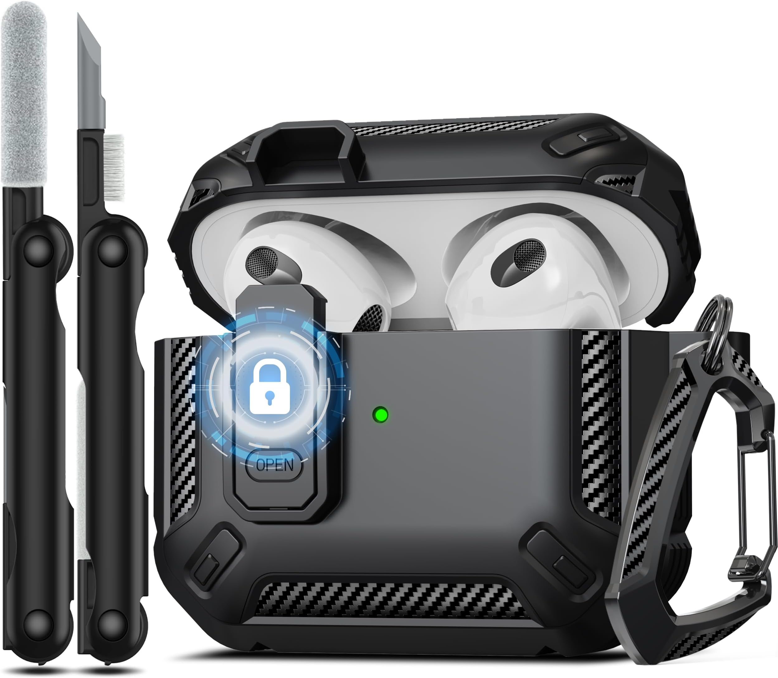 RFUNGUANGO for AirPods 3rd Generation Case Cover with Cleaner Kit, Military Hard Shell Protective Armor with Lock for AirPod Gen 3 Charging Case 2021,Front LED Visible,Black