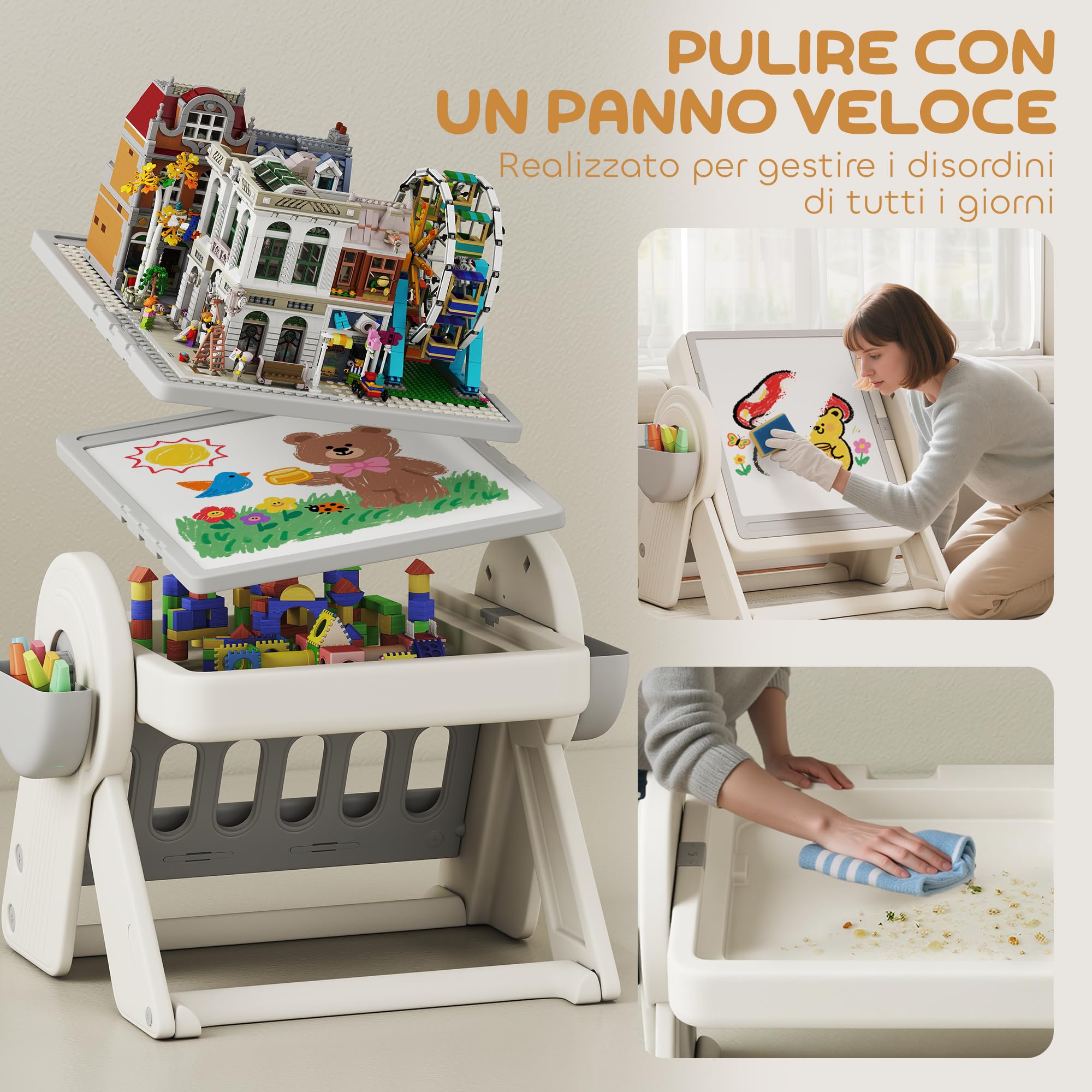 AIYAPLAY Set Tavolo e Sedia Bambini 3 in 1 con Tavolo da Costruzione | Lavagna, Cavalletto Convertibile, Contenitori, Tavolino Multiattività con Sedia in Plastica, 2-4 Anni, Cameretta