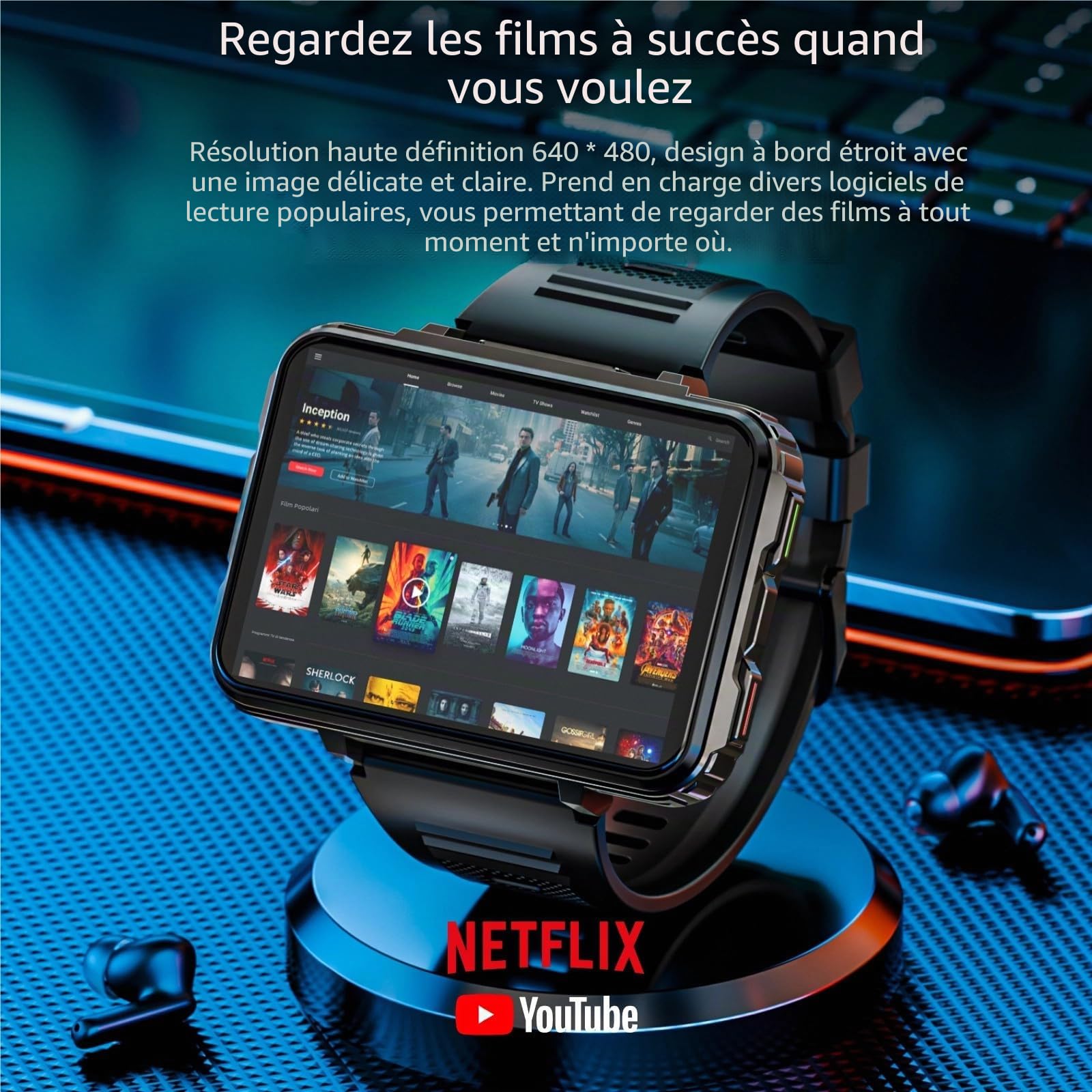 LOKMAT Montre intelligente 4G 6 Go + 128 Go Android Appel téléphonique Téléphone Téléphone Grand écran 2,4" Montre de sport 1500 mAh Double Caméra WiFi Bluetooth GPS Montre intelligente pour homme