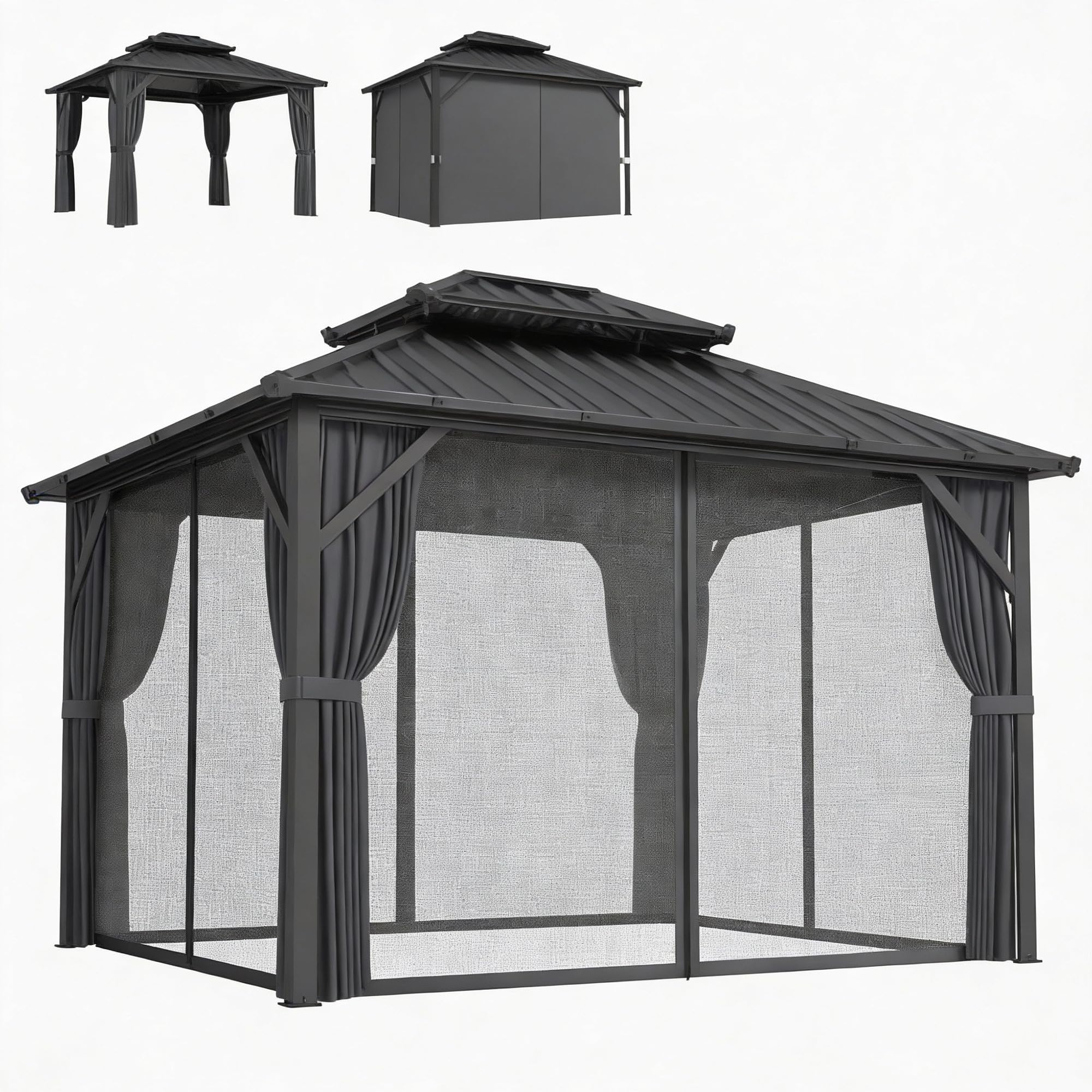 Outsunny Pavillon 3 x 3,6 m Toit Rigide Acier Galvanisé UPF50+ Gris Foncé
