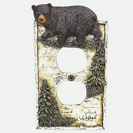 Black Bear on Birch with Pine Trees Outlet Receptacle Cover Wall Plate Cabin Lodge Home Decor