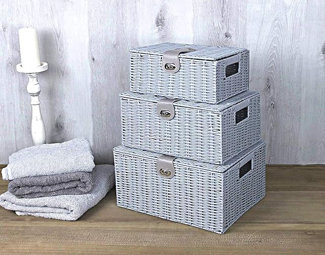 HomeZone Modern Wicker Hamper Storage Baskets with Lid and Leather Lock - Grey Strong Stackable Hand Woven Basket Gift Toy Box - Rattan Storage Box for Home, Bathroom, Bedroom, Kitchen - Set of 3