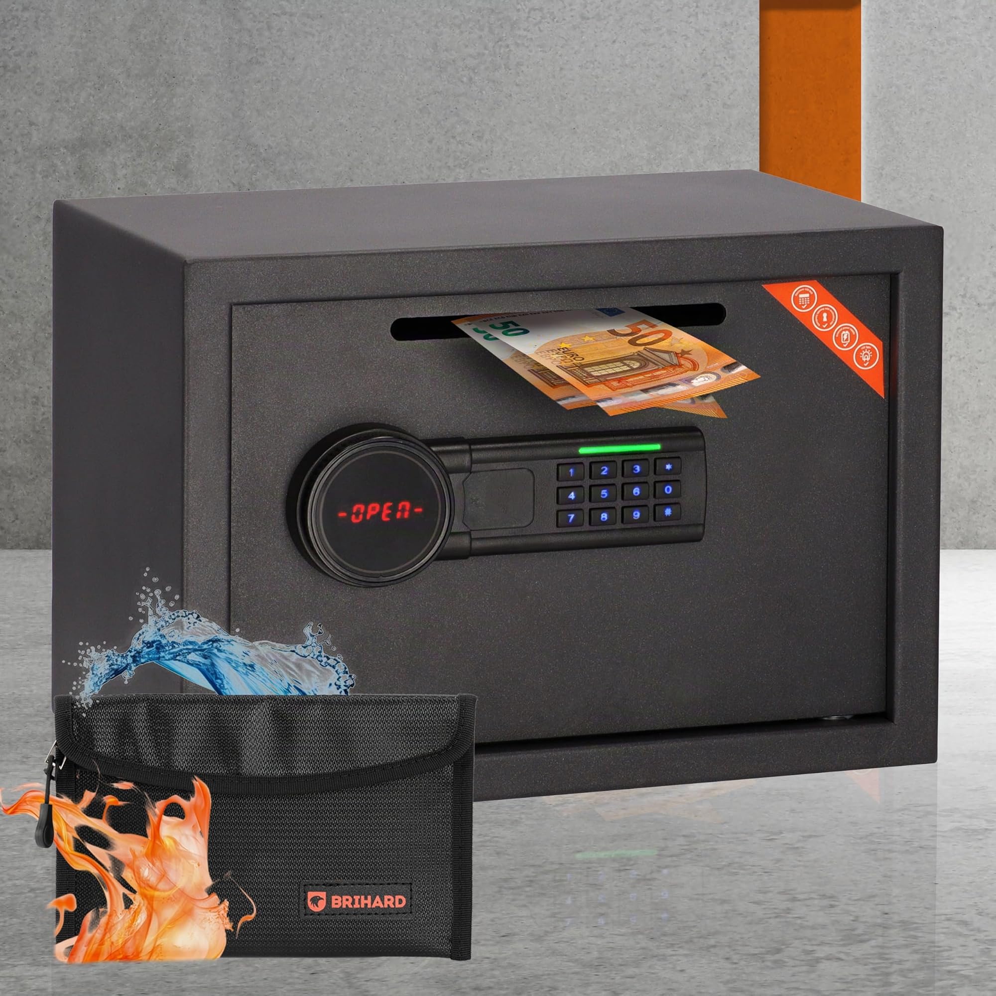 Cassaforte per deposito, 25 x 35 x 25 cm, con fessura, elettronica, chiudibile a chiave, con borsa ignifuga, cassaforte per denaro da 20 litri, con blocco tastiera digitale e schermo LCD