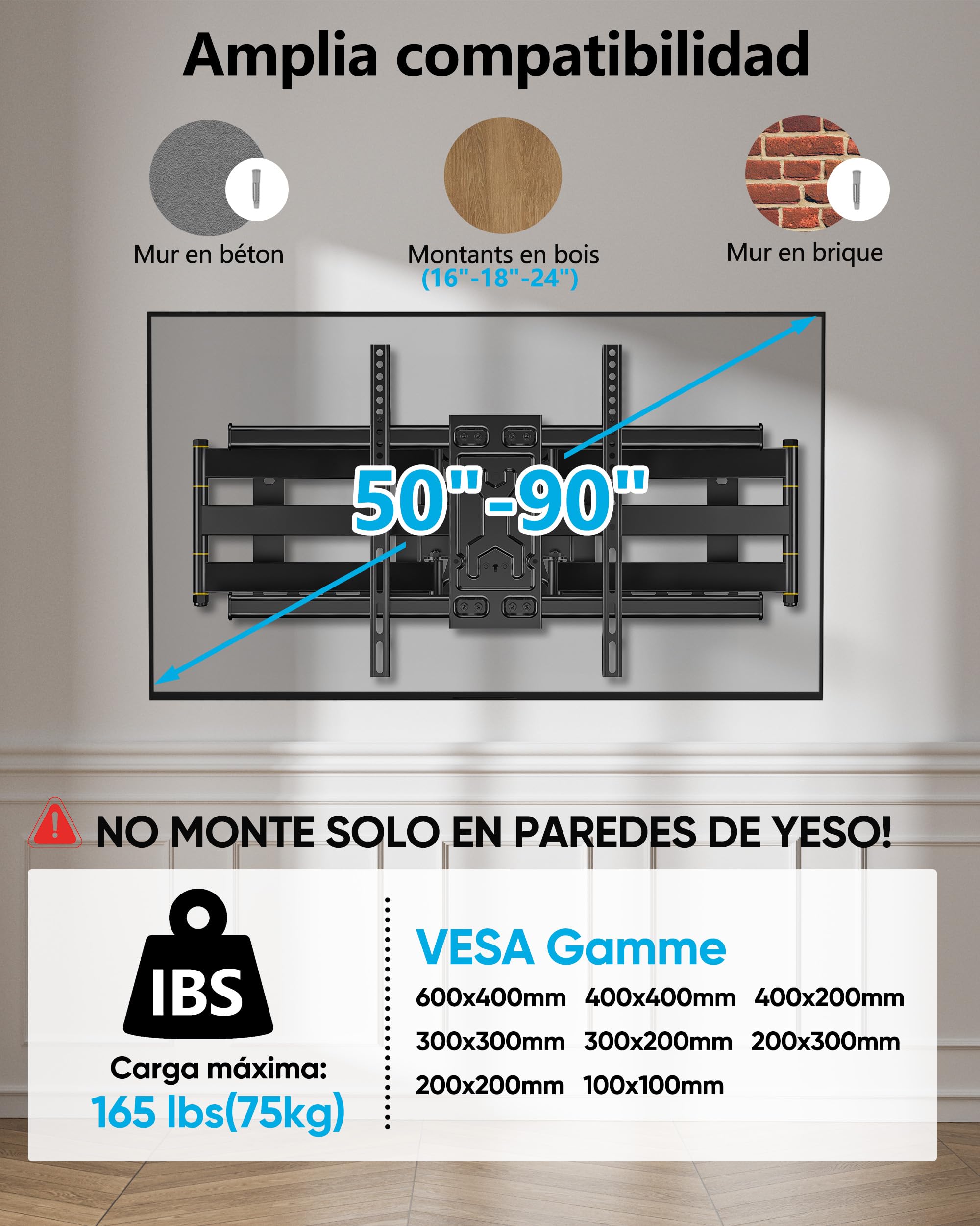 FORGING MOUNT Soporte de Pared de 765mm de Largo Alcance para televisores Planos y curvos de 50-90 Pulgadas, Brazo sólido de Movimiento Completo, inclinación y Giro, Carga de 75kg, VESA 600x400mm